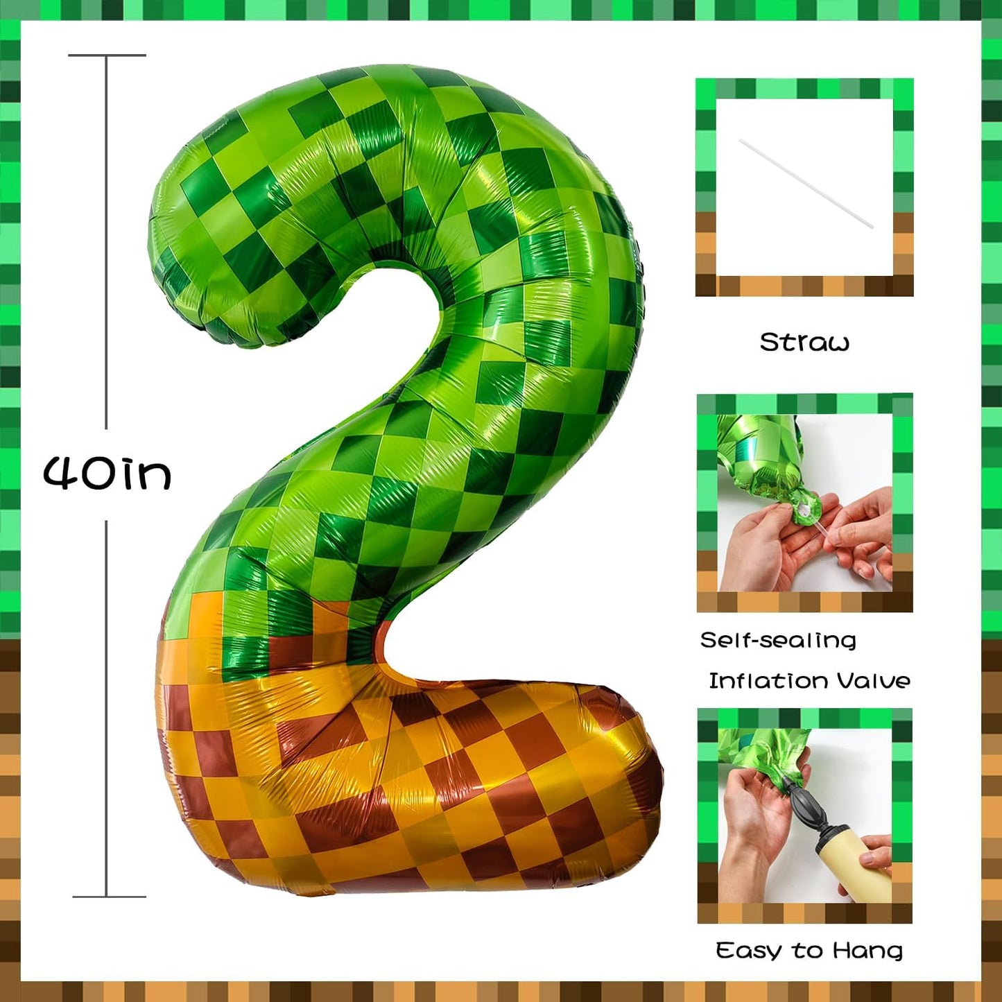 Pixel & TNT Theme 40in Giant Number Balloons - Foil Mylar Birthday Party Decorations for Kids Adults Cumpleaños, Block Style Pixel Art Shape Balloon Decor Supplies (Pixel, Number 2)