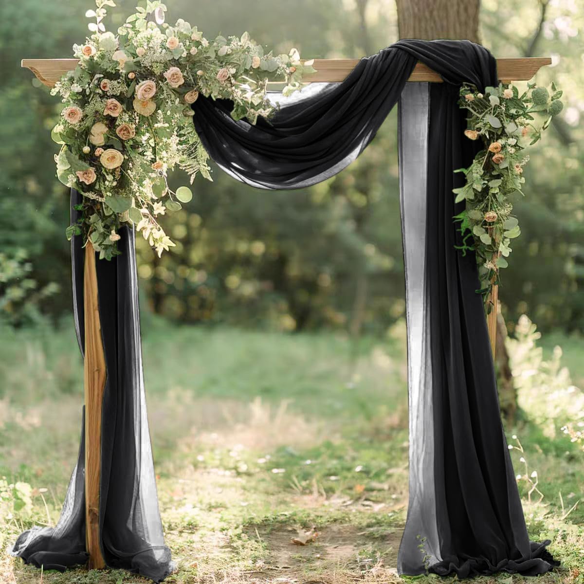 Black Fall Halloween Sheer Elegant Arch Draping Fabric 2 Panels Outdoor 29" × 20Ft Sheer Chiffon Curtain Drapes for Wedding Ceremony Birthday Party Garden Brunch