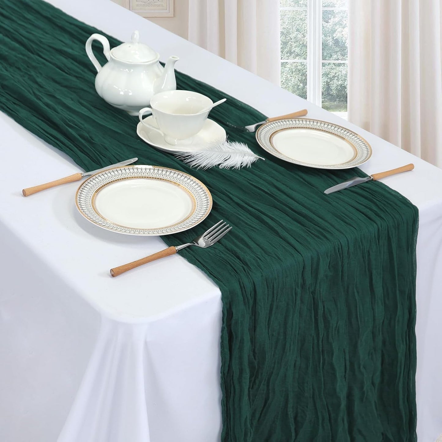 6 Pack Emerald Green Cheesecloth Christmas Table Runner 10ft Boho Gauze Fabric Cheese Cloth Table Runner 35 x 120 Inch Rustic Sheer for Romantic Wedding Decor Baby Shower Party Centerpiece Decoration