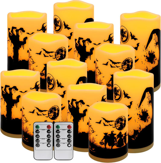 12-Pack Halloween-Flameless Led Pillar Candles，Remote Control and Timer Functions,
