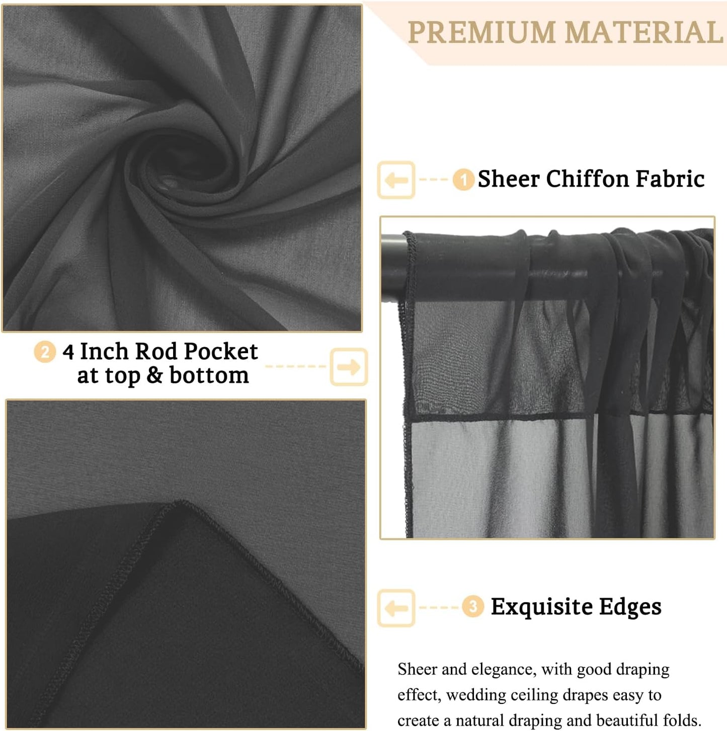 MODFUNS Black Ceiling Drapes for Weddings 2 Panels 5x20 FT Chiffon Wedding Arch Drapes Sheer Curtains Ceiling Decorations Tulle Drapery for Ceremony Archway Draping Fabric for Hallway Tent Stage Party