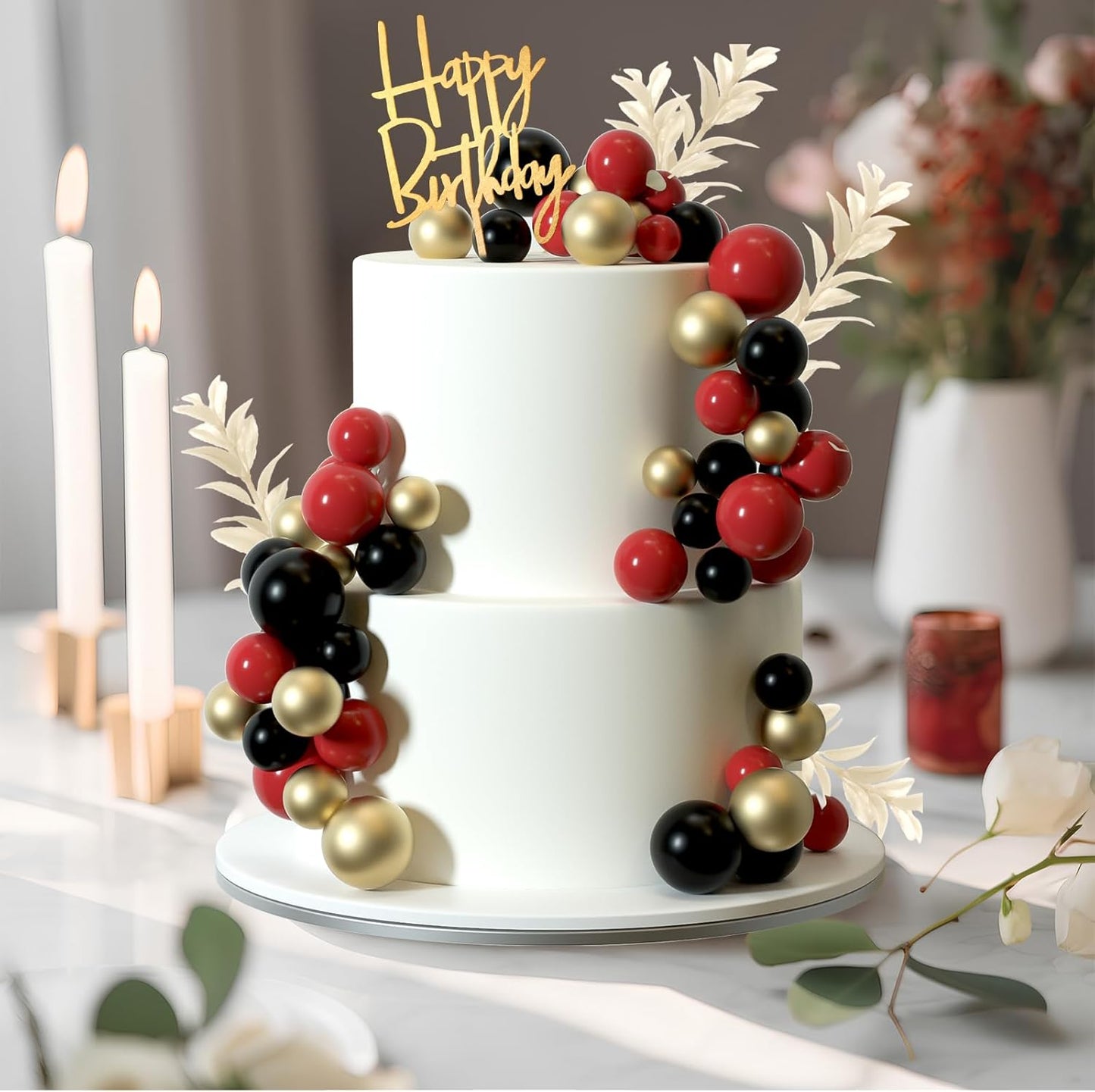 MIAHART Ball Cake Toppers Boho Grass Cake Topper Ball Cake Insert Decoration for Birthday Wedding Baby Shower Party Decorations Boho Themed Party Supplies (Red,black,gold)