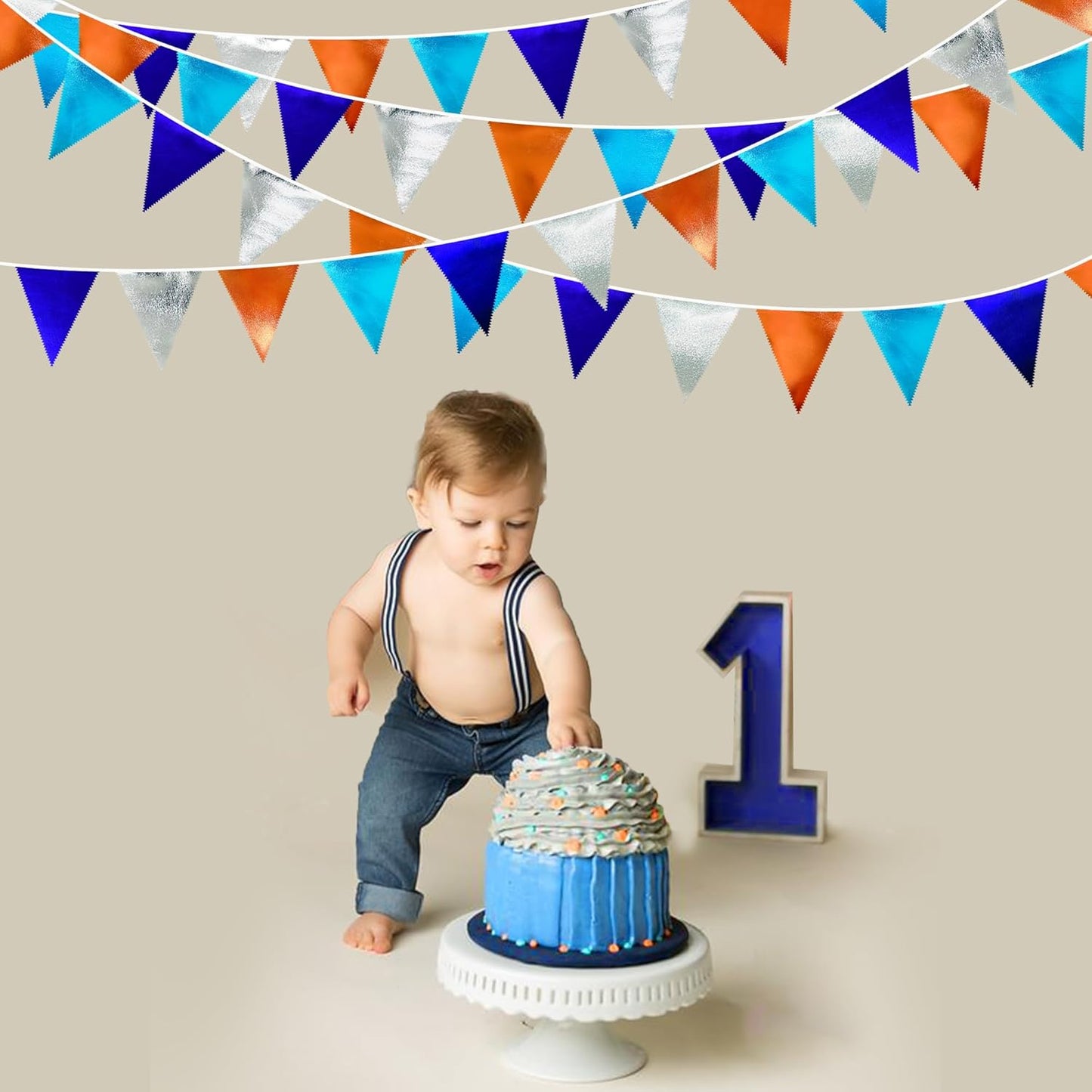 Orange Blue Silver Party Decorations Metallic Fabric Triangle Pennant Banner Flag Bunting Garland for Space Theme Birthday Wedding Bridal Shower Baby Shower Engagement Graduation Party Supplies