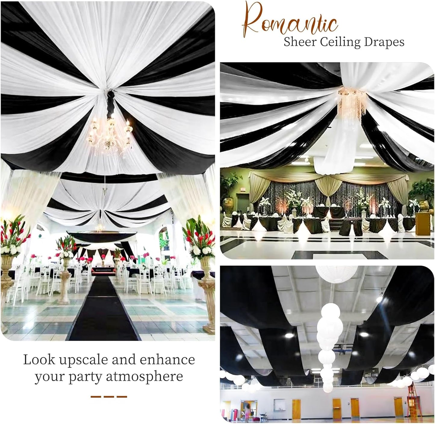 6 Panels Black Ceiling Drapes 5ftx10ft Wedding Chiffon Fabric Arch Draping Sheer Curtains Soft Drapery for Party Ceremony Stage Swag Decorations