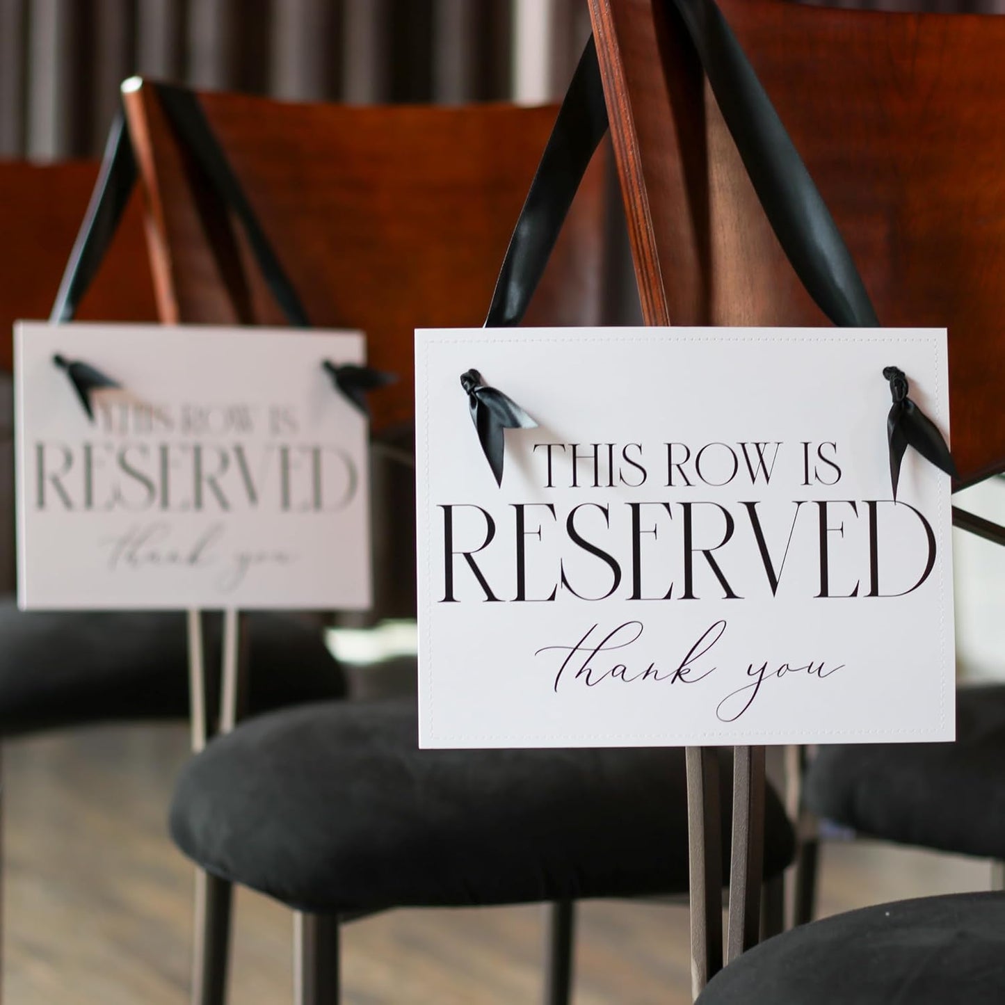 Ritzy Rose Set of 2 Reserved Row Sign for Wedding Ceremony Chairs or Events - Thick Paper Banner for Seating - White Linen Cardstock with Black Font and Black Satin Ribbon - 11x8.5 inches