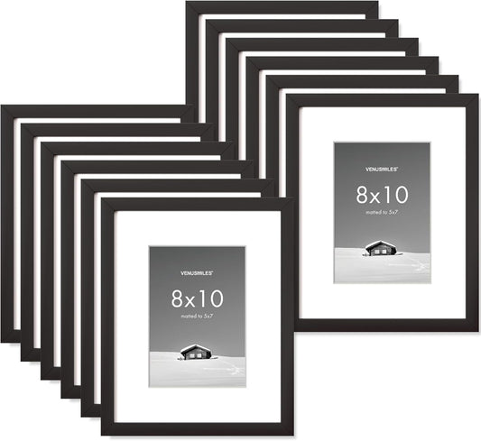 8x10 inch Picture Frame, 8x10 Photo Frames with 5x7 Removable Mat - High Definition Plexiglass - Vertical and Horizontal Display - Wall Hanging Frame - Black, 12 Pack