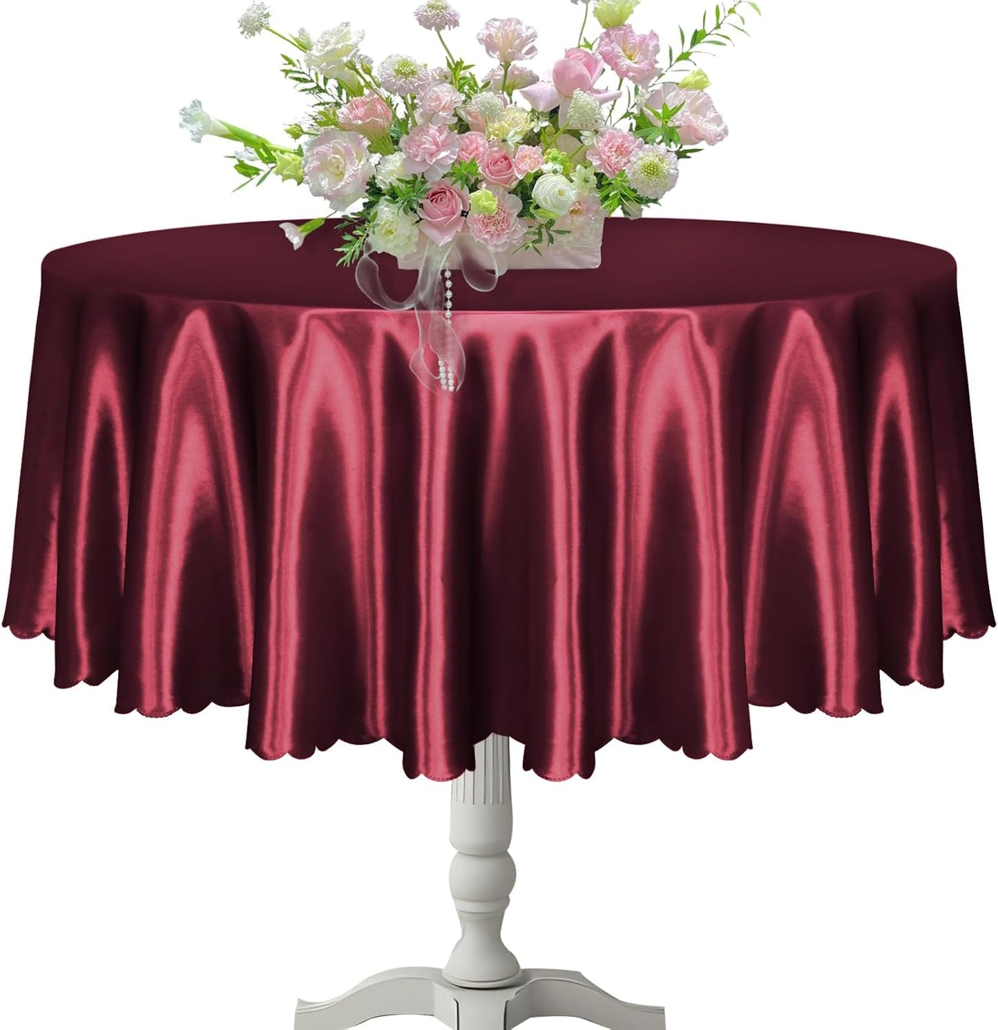 KKJIAF 1 Pack Round Table Cloths 90 Inch, Burgundy Overlay Round Satin Table Cover, Silky Satin Dining Tablecloths for Wedding Buffet Parties Banquet Decoration