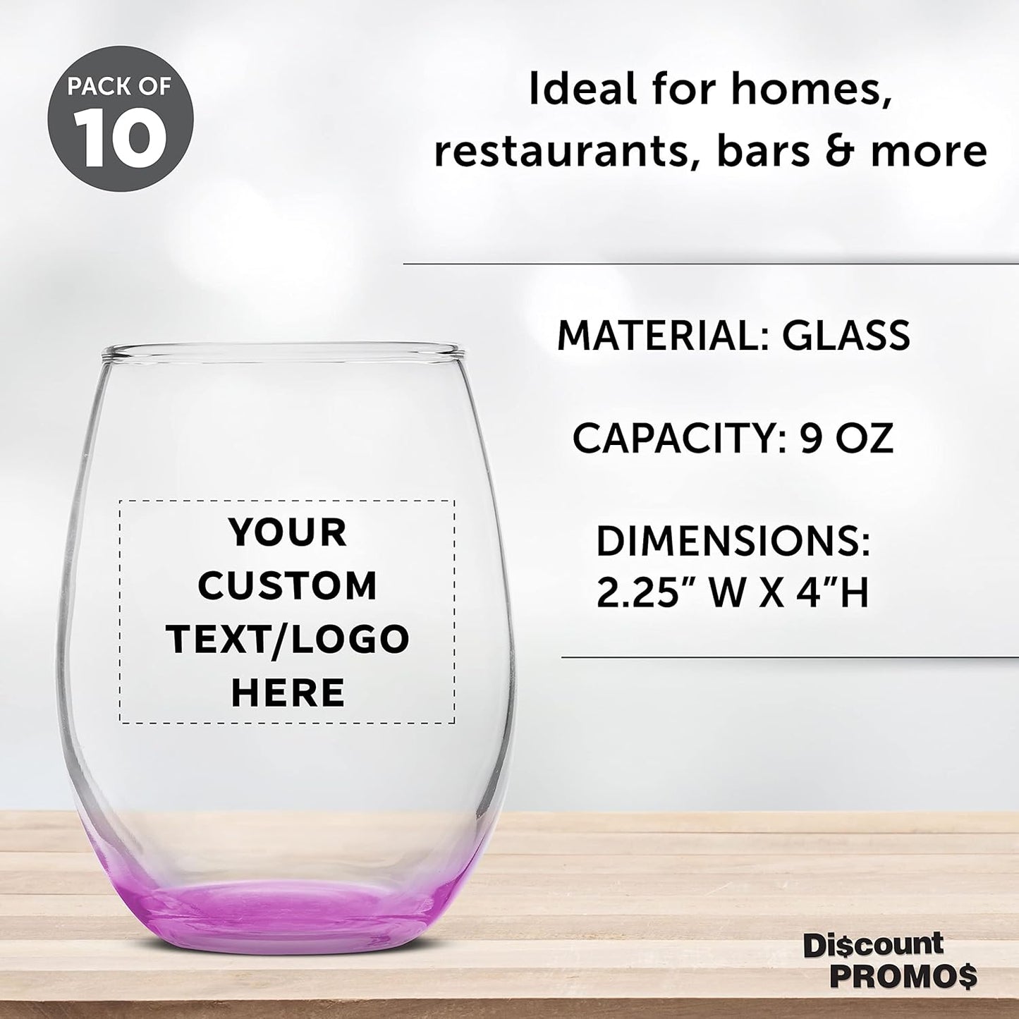 Custom Stemless Wine Glass 9 oz. Set of 10, Personalized Bulk Pack - Great for Wedding Favors, Bachelorette Party Decorations, Party Favors, Color Bottom - Pink