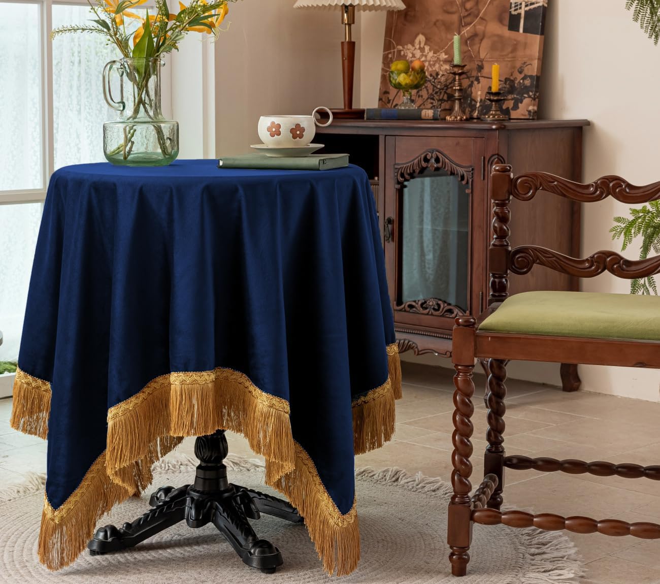 F-CHU Blue Tablecloth Thickset Velvet Tablecloth with Beautiful Gold Tassels Vintage Table Cloth for Home Decor Wedding, Party, Banquet and Events 60x60-Inch