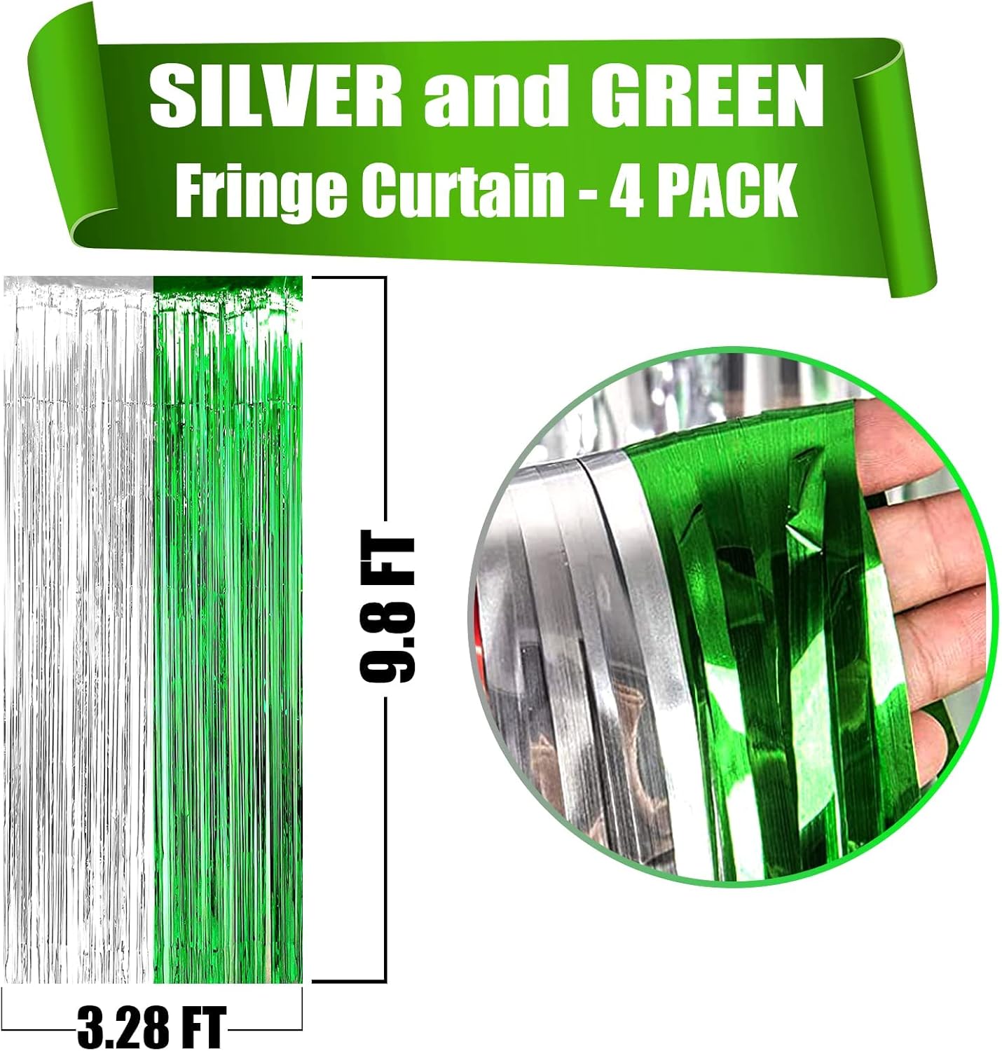 4 Pack Foil Fringe Curtain Backdrop, 3.28Ft x 8.2Ft Metallic Tinsel Foil Fringe Streamers Curtain for Photo Booth, Wedding, Mardi Gras Birthday Carnival St Patrick Day Party Decoration (Silver Green)