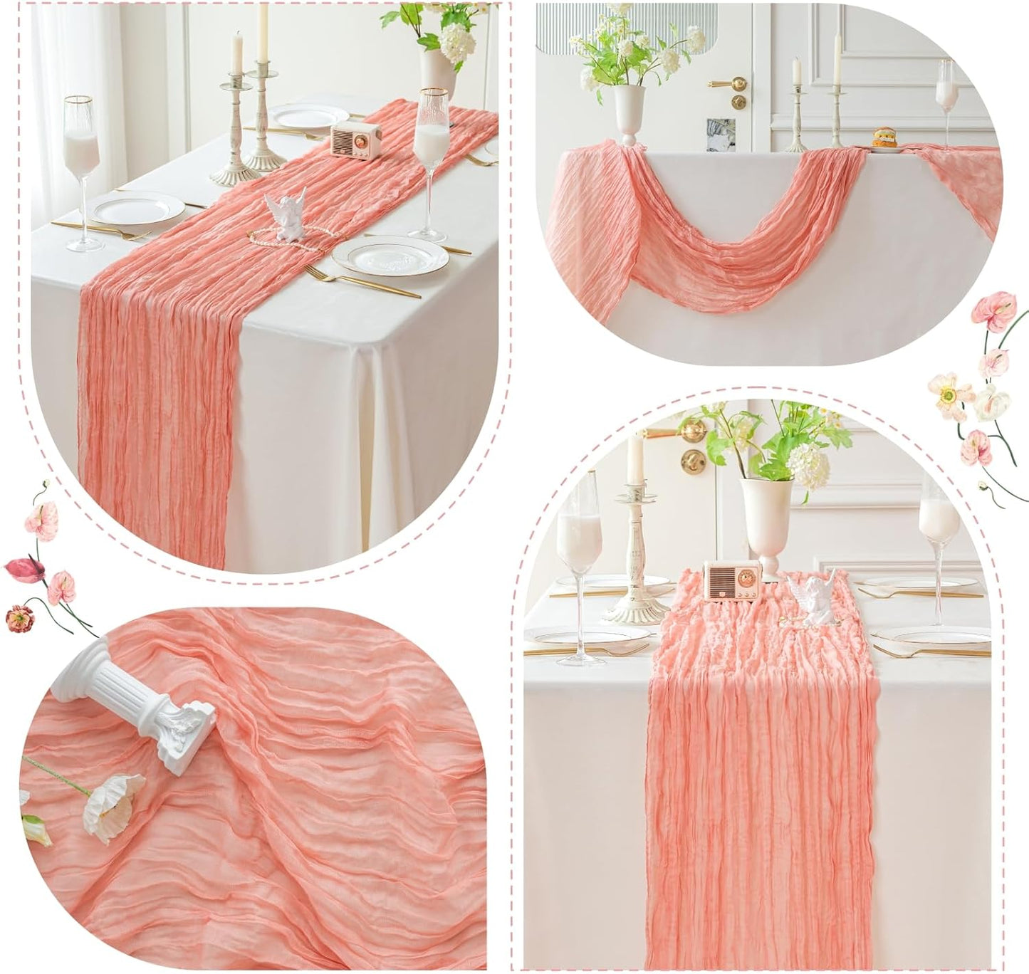 Sioloc 1 Pack Peach Coral Cheesecloth Table Runner Fall Autumn Decor for Home 10ft Table Cloth for Tea Wedding Birthday Party Baby Bridal Shower Halloween Thanksgiving