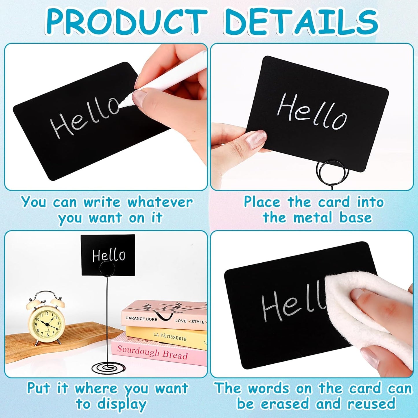 30 Pack Mini Chalkboard Signs 4"x3" Small Chalkboard Label with Metal Stand Chalk-Board Signs Tabletop with 2 Water Based Chalk for Food Buffet Party, Blackboard for Message Board Si-gns, Black