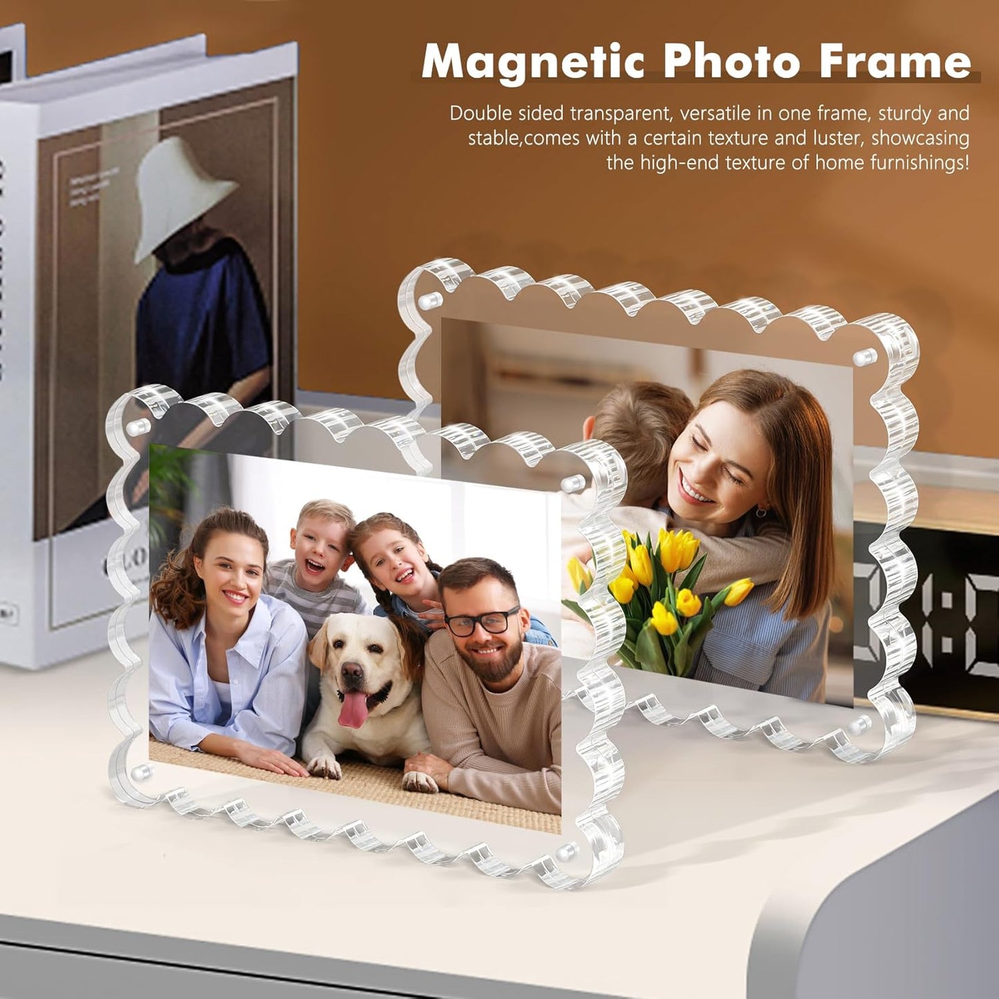 3Pack Magnetic Acrylic Picture Frames 5×7 Inch - Scalloped Photo Frame with 10+10mm Thick Block, Double Sided Clear Frames for Desktop Display | Trendy Home Gift (Clear, 5X7)
