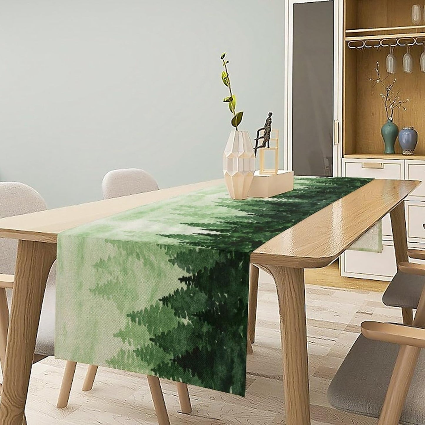 Foggy Forest Table Runner,Watercolor Wreen Misty Forest Landscape Table Runner for Kitchen Dining Table Home Party Decoration 13x108 Inch