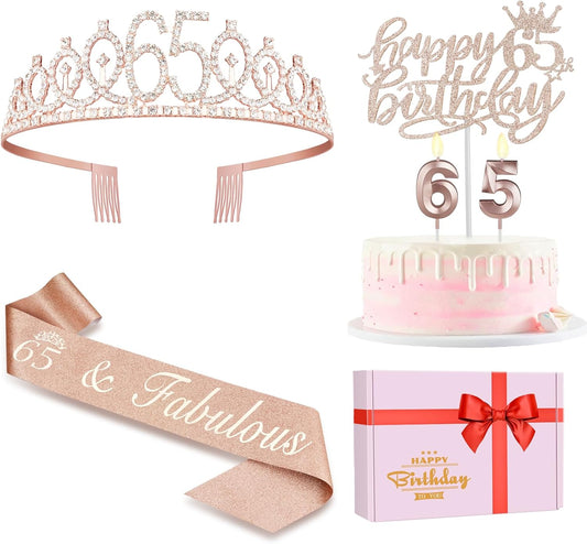 65th Birthday Decorations for Women, Including Sash, Crown/Tiara, Candles, Cake Topper, 65th Birthday Gifts for Women
