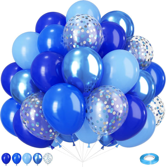 Royal Blue Balloons 12Inch Metallic Chrome Dark Light Blue Party Balloons, Silver Confetti Latex Balloons Set for Birthday Wedding Ocean Theme Party Decorations Graduation