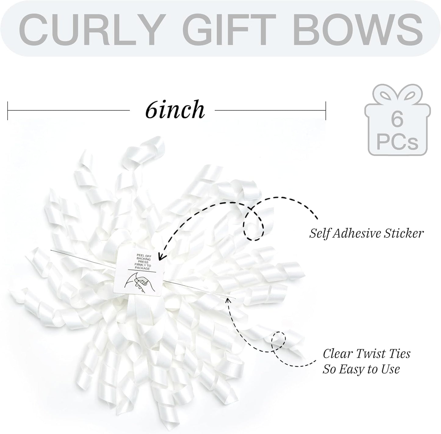 6 Inch White Curly Bows for Gift Wrapping Set of 6, Self Adhesive Bows White Gift Bows for Presents, Satin Ribbon Bows for Birthday, Wedding, Christmas, Bridal Shower, Gift Wrap Accessory