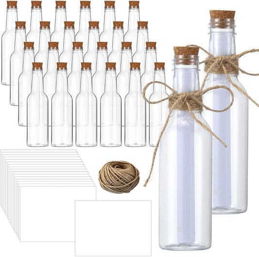 Baderke 24 Pcs 5.6 oz Message Bottles with Letter Printer Paper Plastic Bottles & Corks Twines for Message Invitations Birthday Wedding Baby Shower DIY Crafts Gift Party Favors (White)