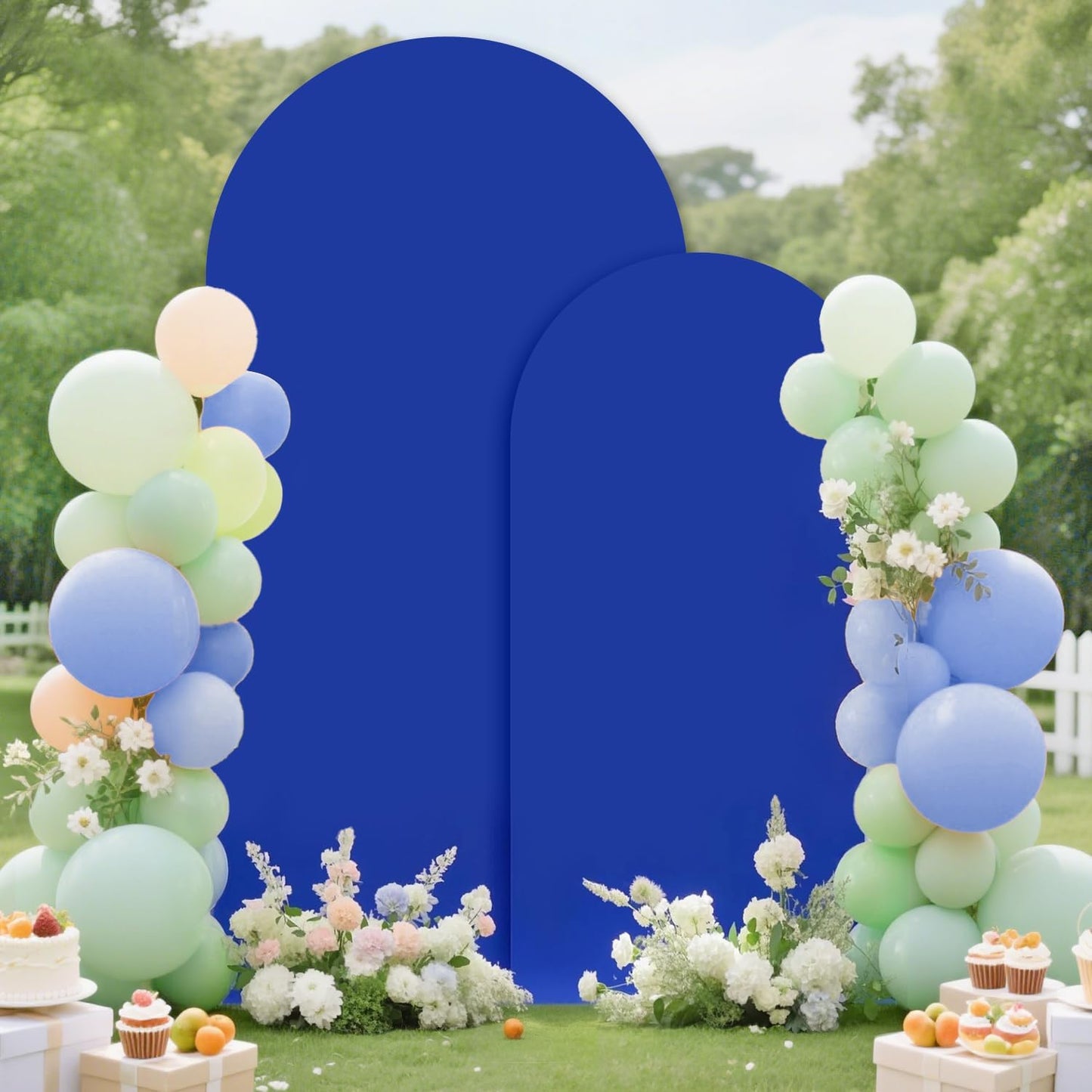 Metal Arch Backdrop Stand and Cover Set 7.2FT, 6FT Arch Stand and Cover Set of 2 Wedding Backdrop Arches Stands with Blue Arched Covers for Bridal Baby Shower Graduation Ceremony Party Decor