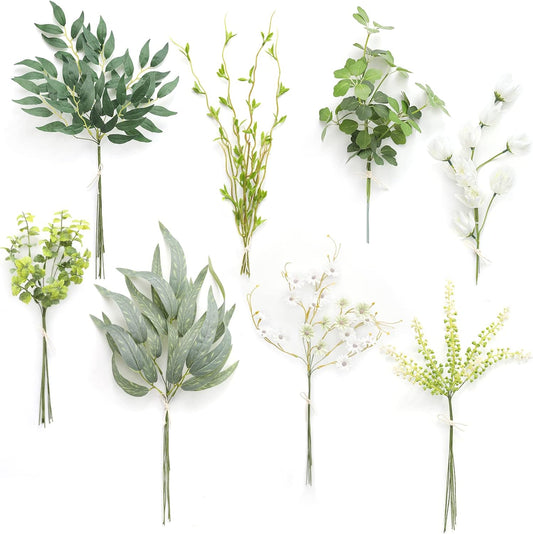 Serra Flora Artificial Greenery Spray Box Set(Pack of 50pcs) with 8 Kinds of DIY Wedding Bouquet Filler Table Centerpieces and Floral Arrangement (Spring Green)