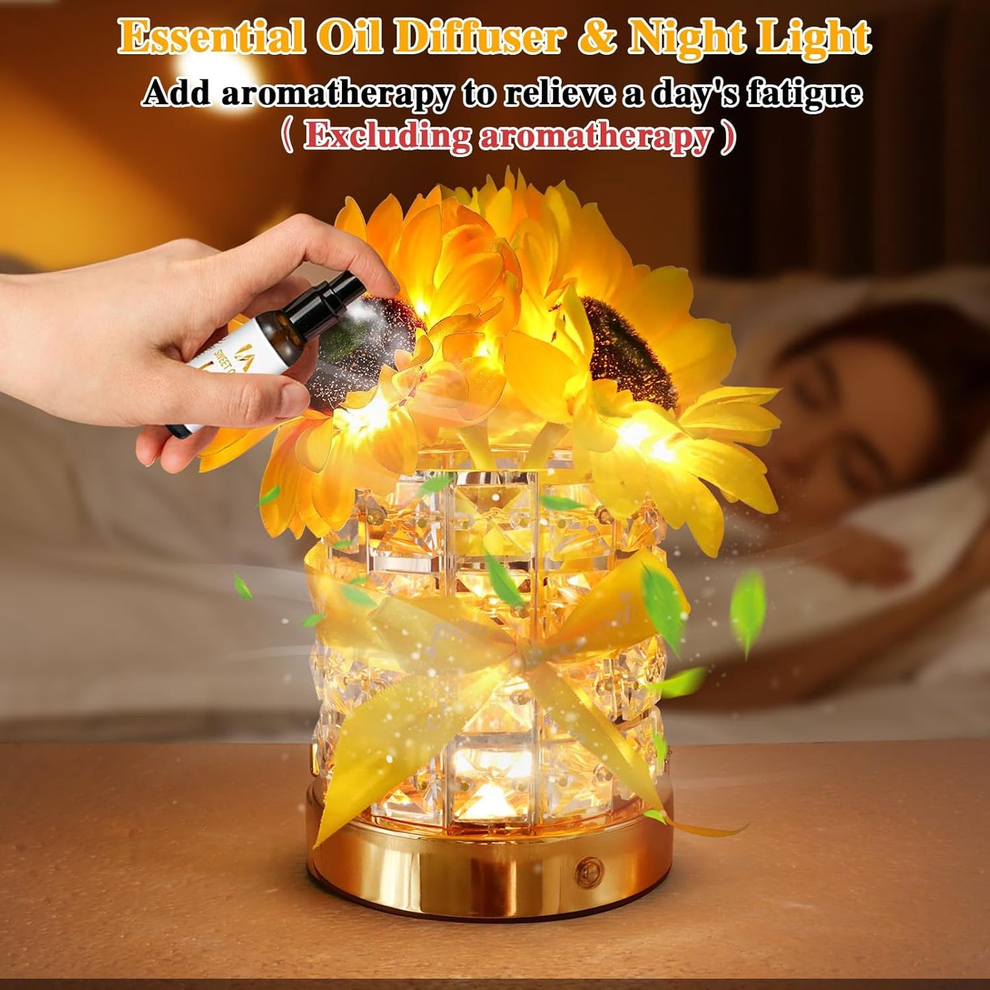 Birthday Gifts for Women/Mom Sunflower Cordless Table Lamp,3 Color Crystal Lamps Touch Bedside Lamps Infinitely Dimming with USB Charge Small Night Light,Nightstand Lamp for Bedroom (Round)