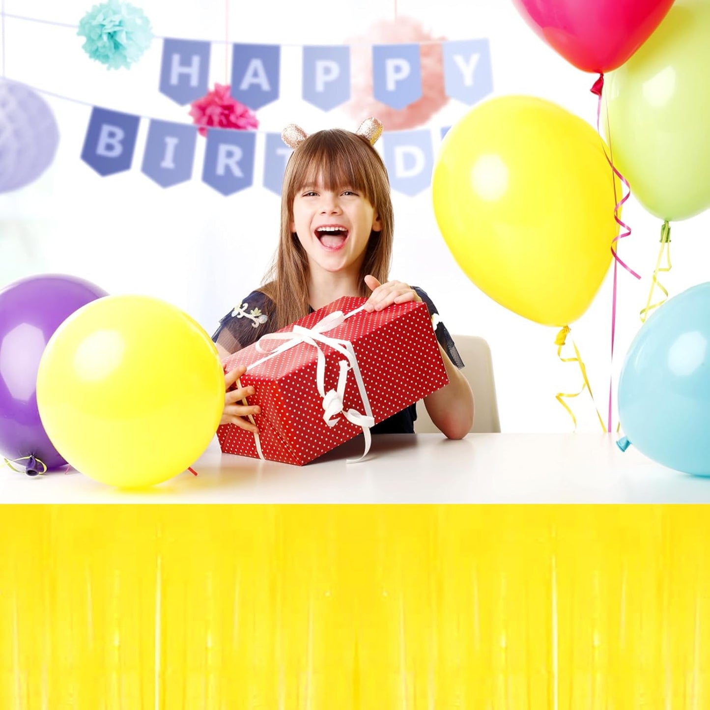 3 Pack 29x108 Inch Macaron Yellow Foil Fringe Table Skirts Metallic Banner for Tinsel Streamer Garland Backdrop for Parade Floats Wedding Thanksgiving Birthday Christmas Halloween Party Decoration