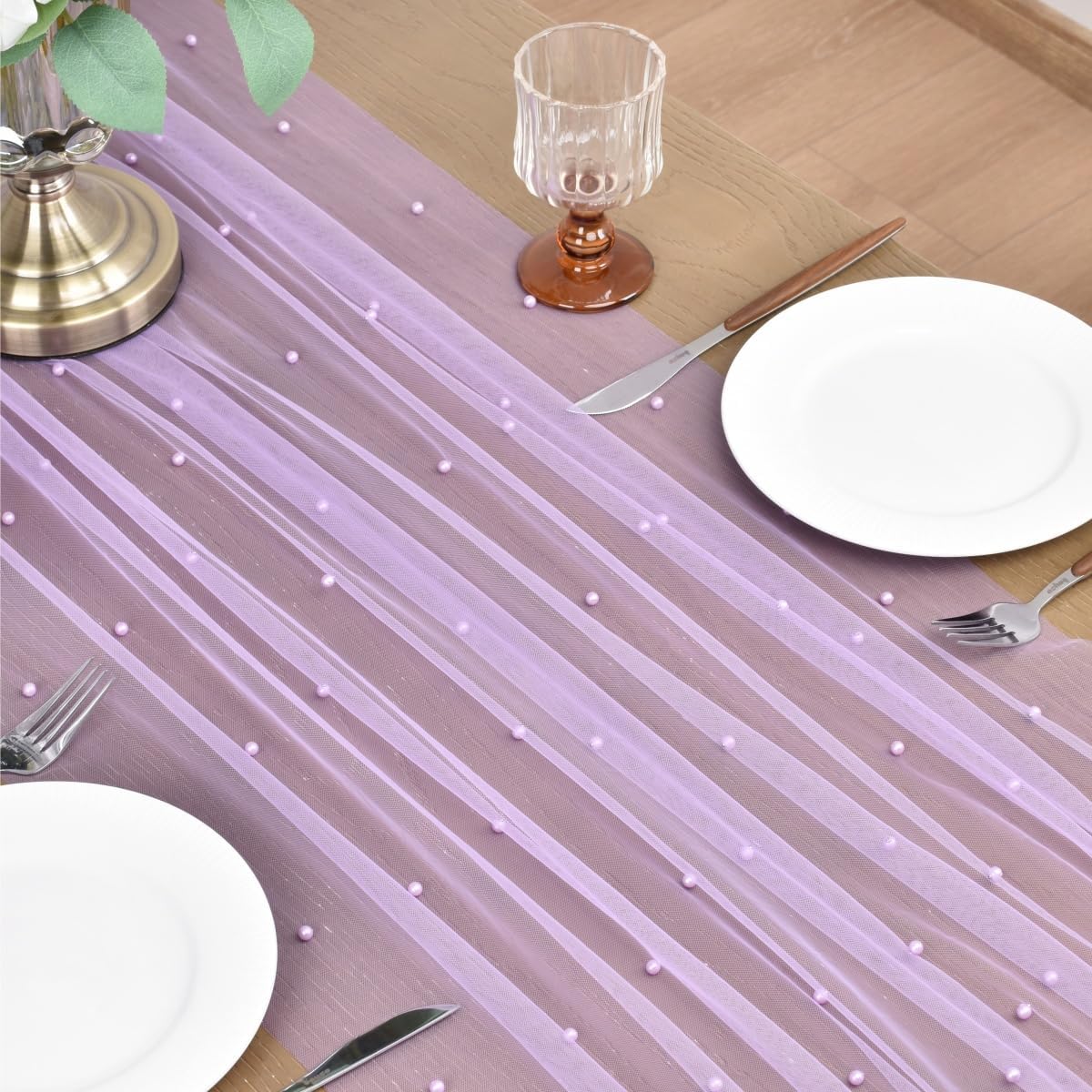 Joanlody Fall Pearl Table Runner 10ft Rustic Boho Tulle Table Runner with Pearls for Baby Shower Wedding Party Veil Dessert Thanksgiving Table Decor Lilac