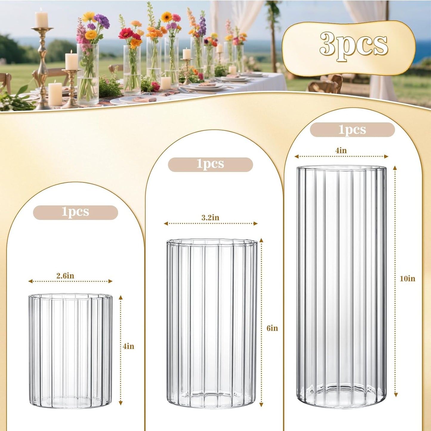 3 Pack Ribbed Glass Cylinder Vases 4,6,10 Inch Tall Clear Flower Vase Hurricane Floating Candle Holder for Table Centerpiece Wedding Home Decor