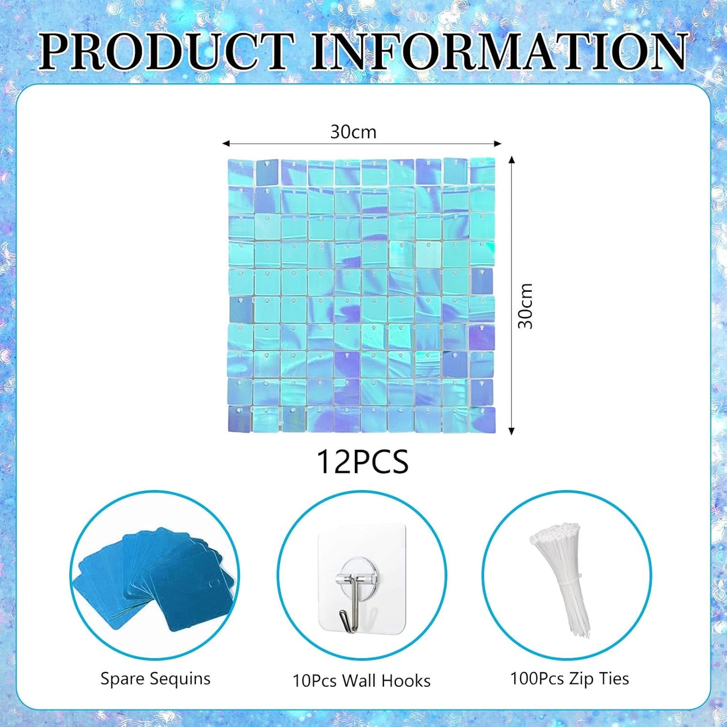 12PCS Colorful Ice Blue Shimmer Wall Backdrop, Square Sequin Photo Backdrops Panel, Glitter Wall Background for Birthdays, Weddings, Christmas, Engagements, Disco Bachelorette Party Decor (3FTx4FT)