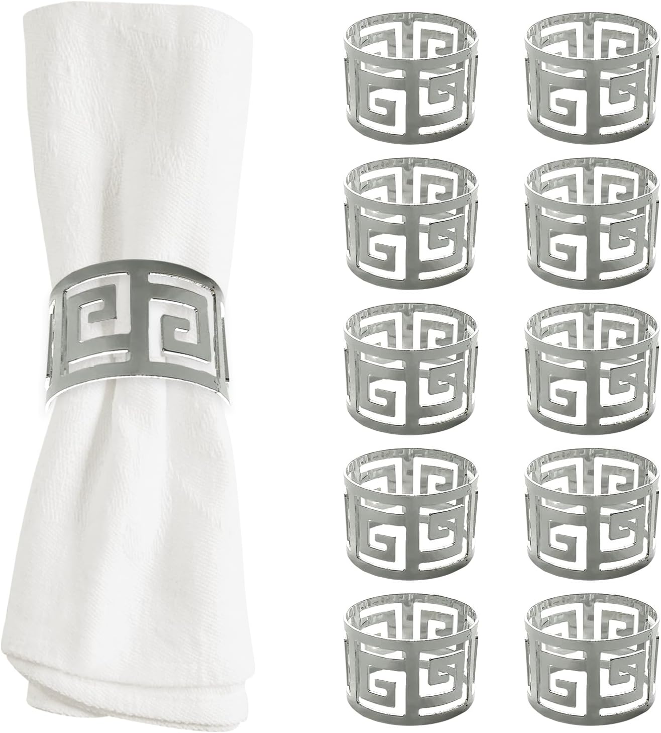 Shiny Silver Napkin Rings Set of 12, Greek Key Round, Modern Cuff Design for Wedding Party Decorations, Kitchen, Holiday Table,Rust Proof,Hotel, Home,Iron, Table Accessories for Dining,Gift
