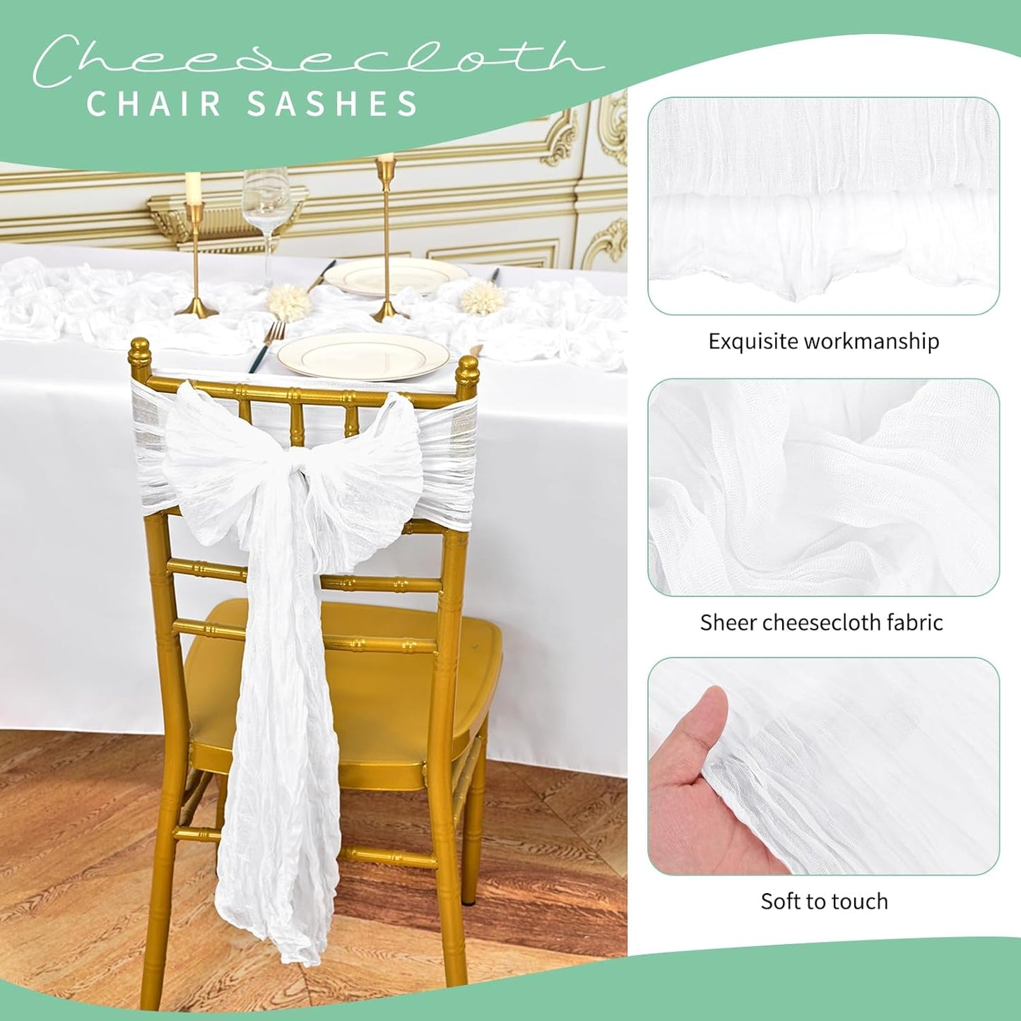 50 PCS Cheesecloth Chair Sashes, Bows Designed ChairSashes, 15.7x108 inch Chair Sashes for Aisle Decorations Universal Chairs Cover Decoration for Wedding Reception Party Banquet (White)