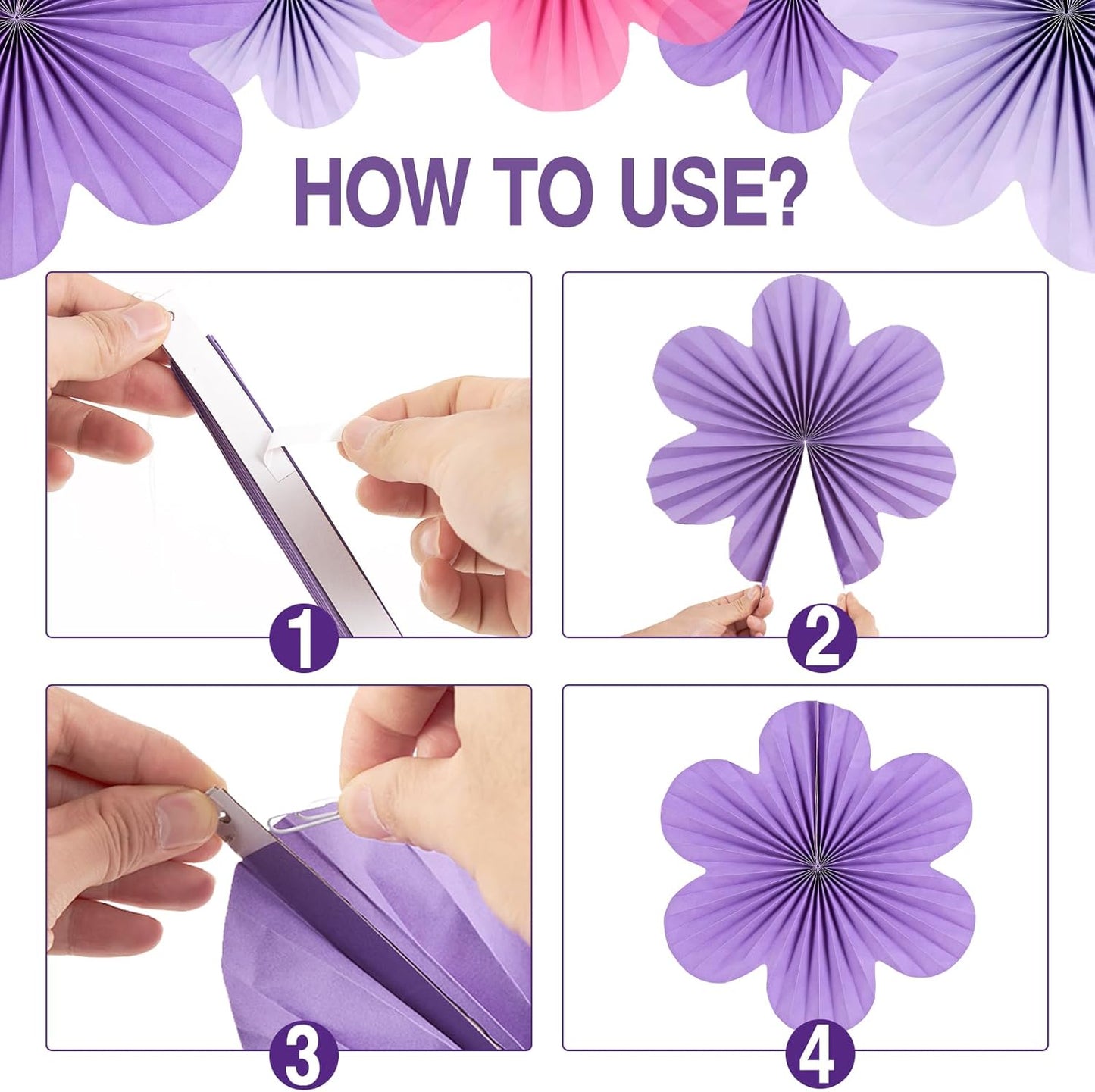 Paper Flowers Decorations for Wall Purple Paper Fans Classroom Decoration Floral Backdrop Decor Fans Hanging Pink Flower Wall Decor, Set of 9