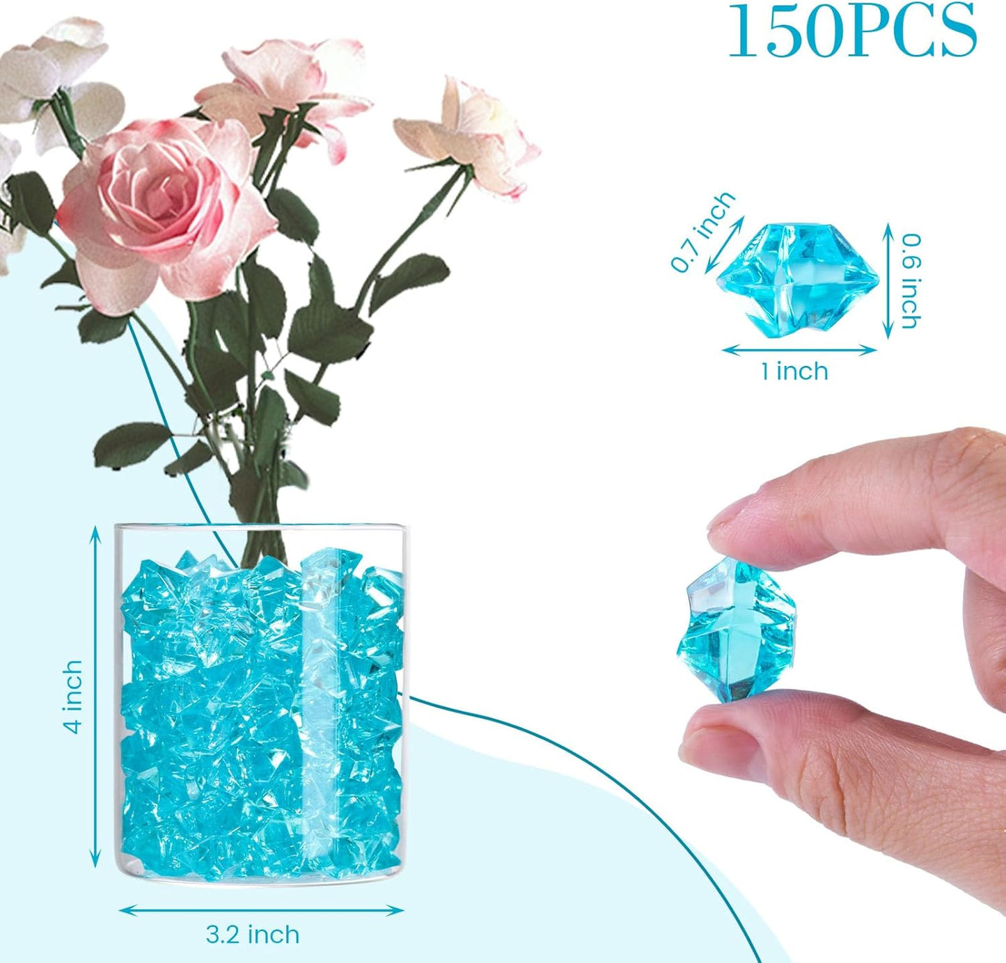 DomeStar Light Blue Fake Ice Rocks, 150PCS Acrylic Gems Crystals Plastic Diamonds Vase Centerpiece for Vase Fillers DIY Craft Wedding Party Table Scatter Aquarium Tank Decoration