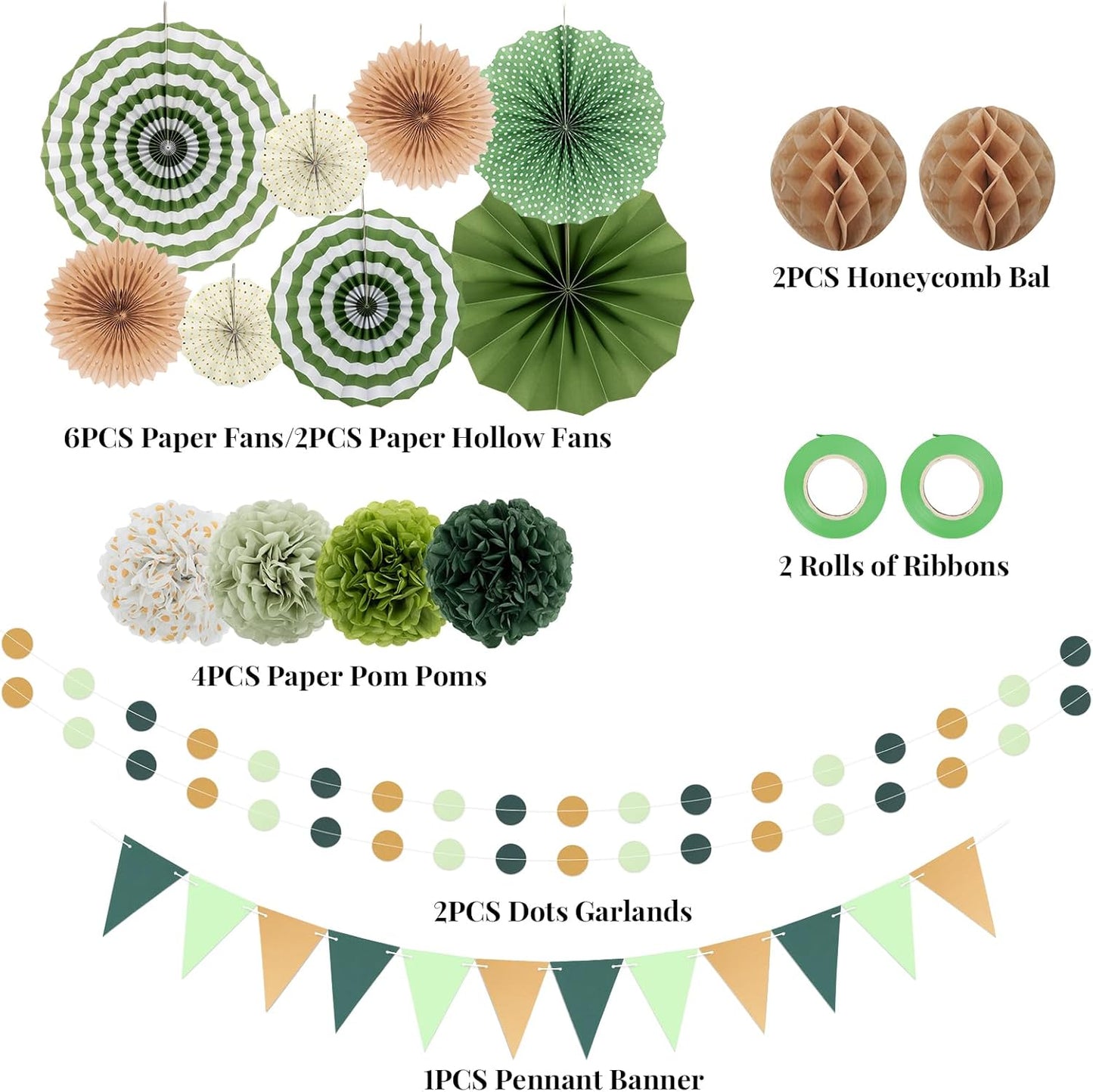 Green Party Decorations - 23Pcs Hanging Paper Fans,Pom Poms Flowers,Garland String Polka Dot and Triangle Bunting Flag Packs for Girls Women Birthday Party Baby Shower Wedding Shower Decor