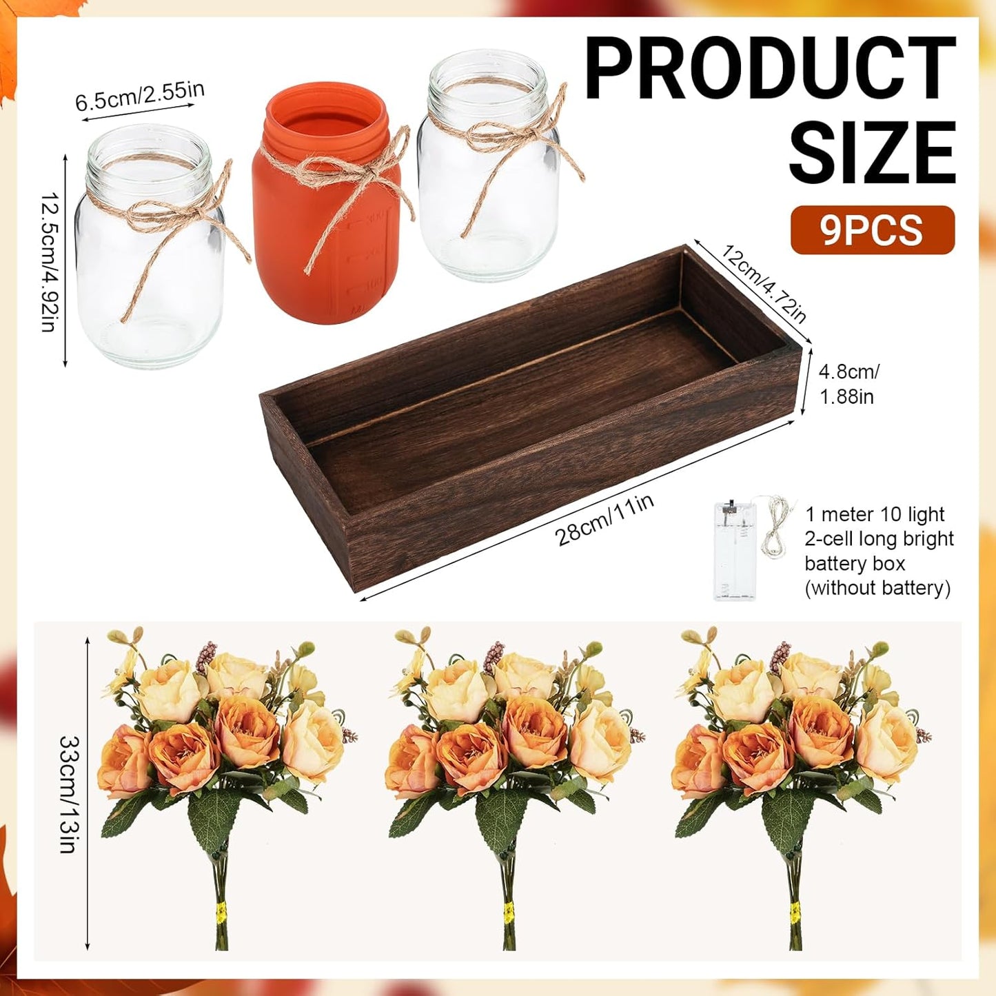 Mason Jar Lights Centerpiece Table Decorations Fall Decor for Home – 3 Jar Flowers with String Lights and Wooden Tray for Dining Room, Farmhouse Autumn Wedding, Kitchen, Living Room, Bathroom