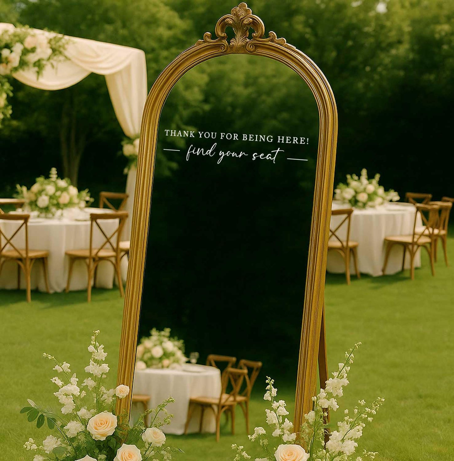 Seating Chart Sign, Wedding Mirror Decal, Thank You for Being Here Find Your Seat, Wedding Seating Chart Header Vinyl Decal, Your Seat Awaits Wedding Sign Decal, Mirror Sticker for Seating (White, Wide 17")