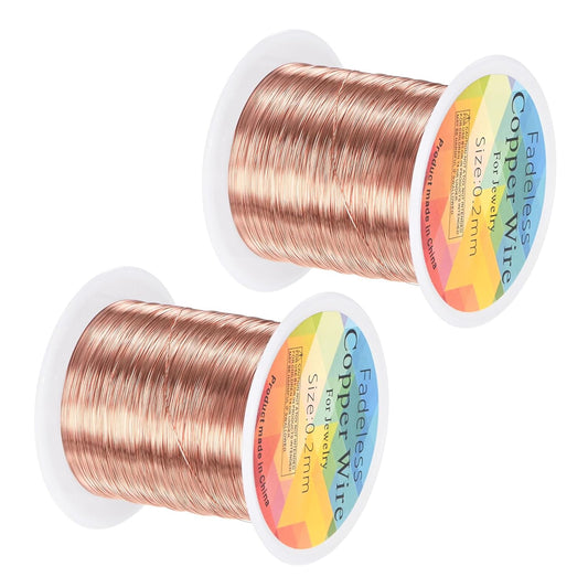 2-Rolls 0.2mm Jewelry Wire, 32 Gauge 328FT Craft Wire Copper Beading Wire for Jewelry Making/Planting/Weaving/DIY Crafting, Soft Metal Wires [100M, Champagne Gold]