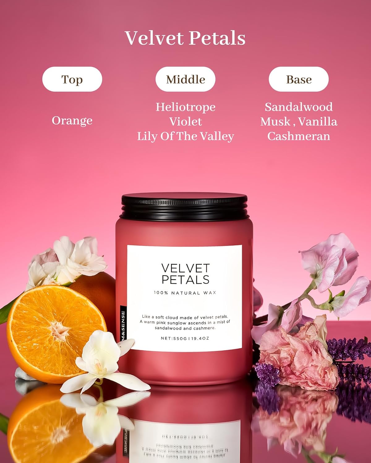 M&SENSE Velvet Petals Large Soy Candles for Home Scented, Organic Natural Soy Wax 19.4oz 110 Hour Long Lasting, Luxury Floral Scented Candle Gifts for Women