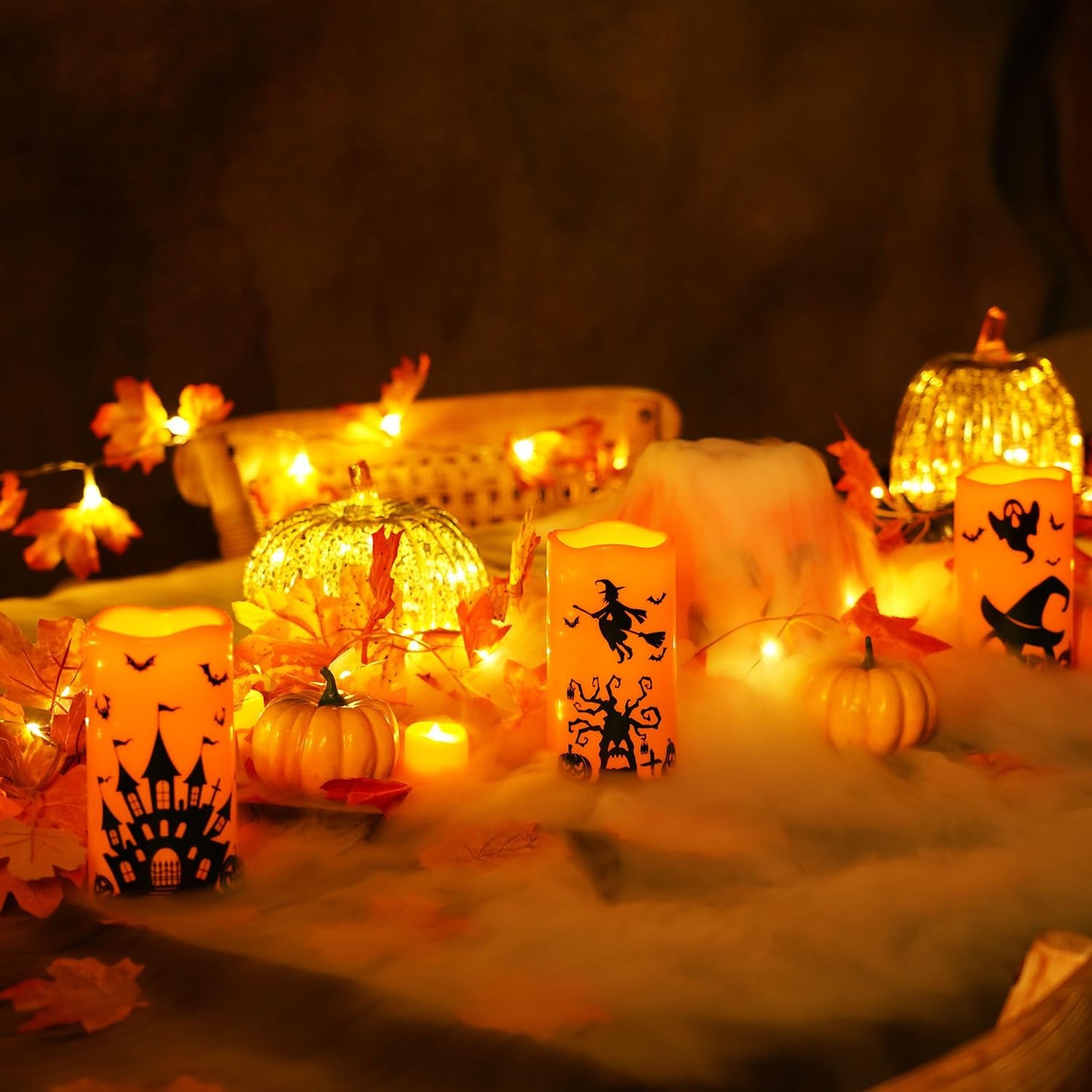 Homemory Halloween Candles, Orange Flameless Candles, Battery Operated Decals Plastic LED Pillar Candles with Remote Timers for Outdoor Day of The Dead, Halloween Spooky Decor, Waterproof, Set of 3