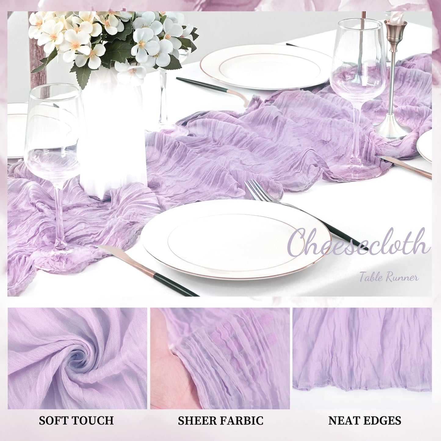 20 Pack Lilac Cheesecloth Table Runner 10FT Rustic Gauze Cheese Cloth Table Runner for Wedding 20 x 120 Inch Long Bridal Baby Shower Table Decor Boho Fabric Sheer Birthday Party Table Decorations
