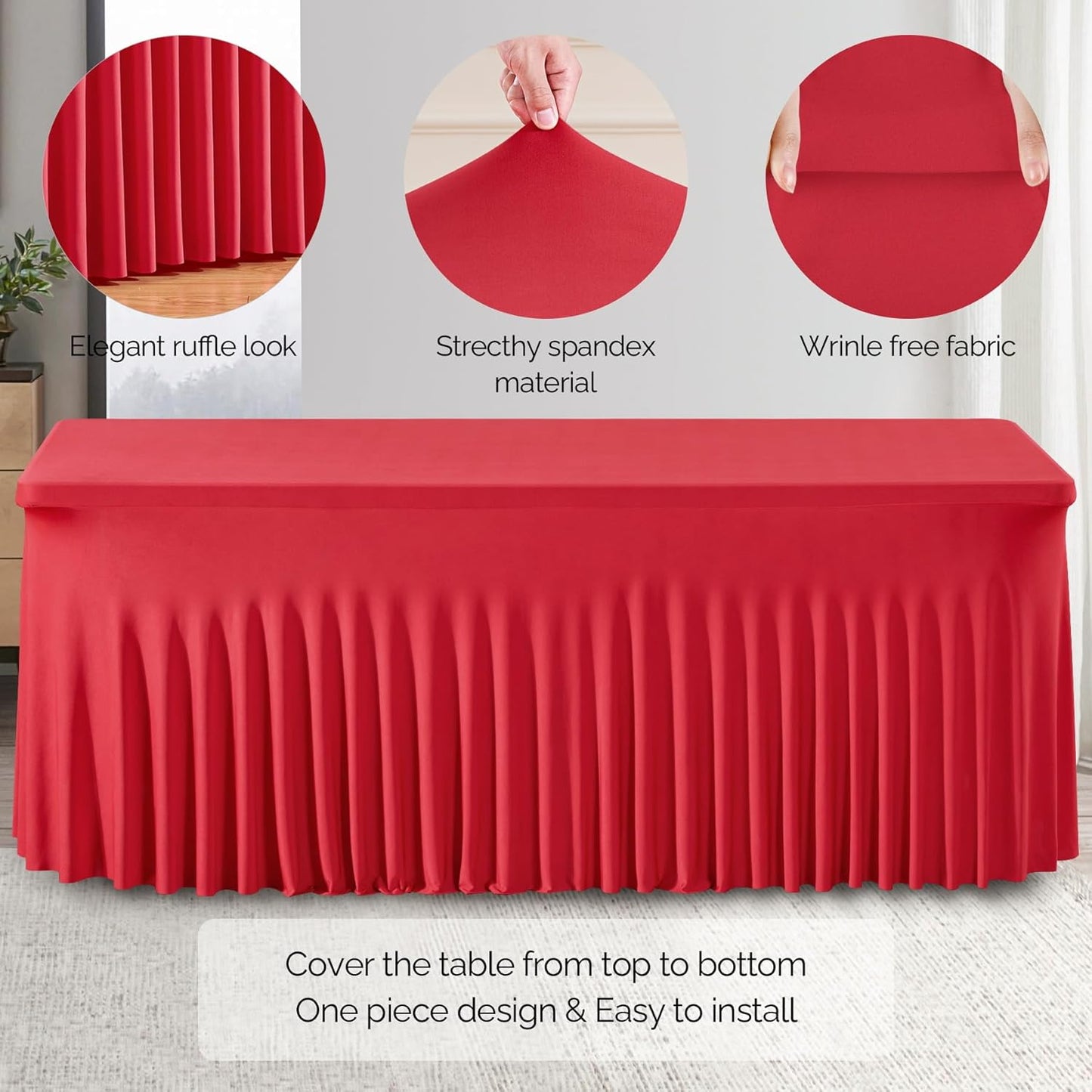 Wish Care 6 Pack Red Spandex Table Clothes for 6 Foot Rectangle Tables, 6FT Wrinkle Free Fitted Tablecloths Ruffles Design Table Cover for Party, Banquet, Wedding and Events