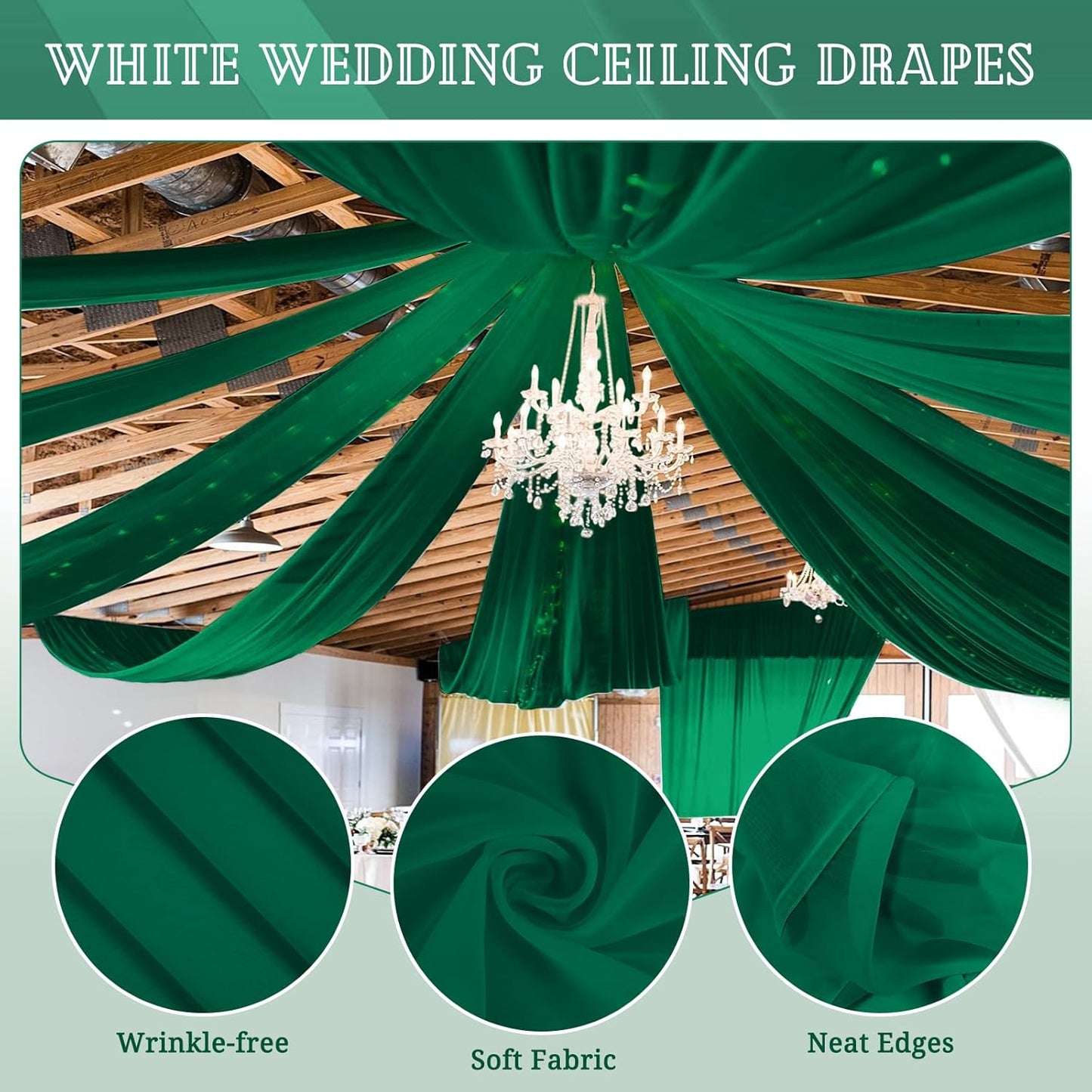 6 Panels Emerald Green Ceiling Drapes for Wedding 5ftx10ft Chiffon Fabric Arch Draping Curtains Sheer Drapery for Party Ceremony Birthday Baby Shower Reception Stage Swag Ceiling Decorations