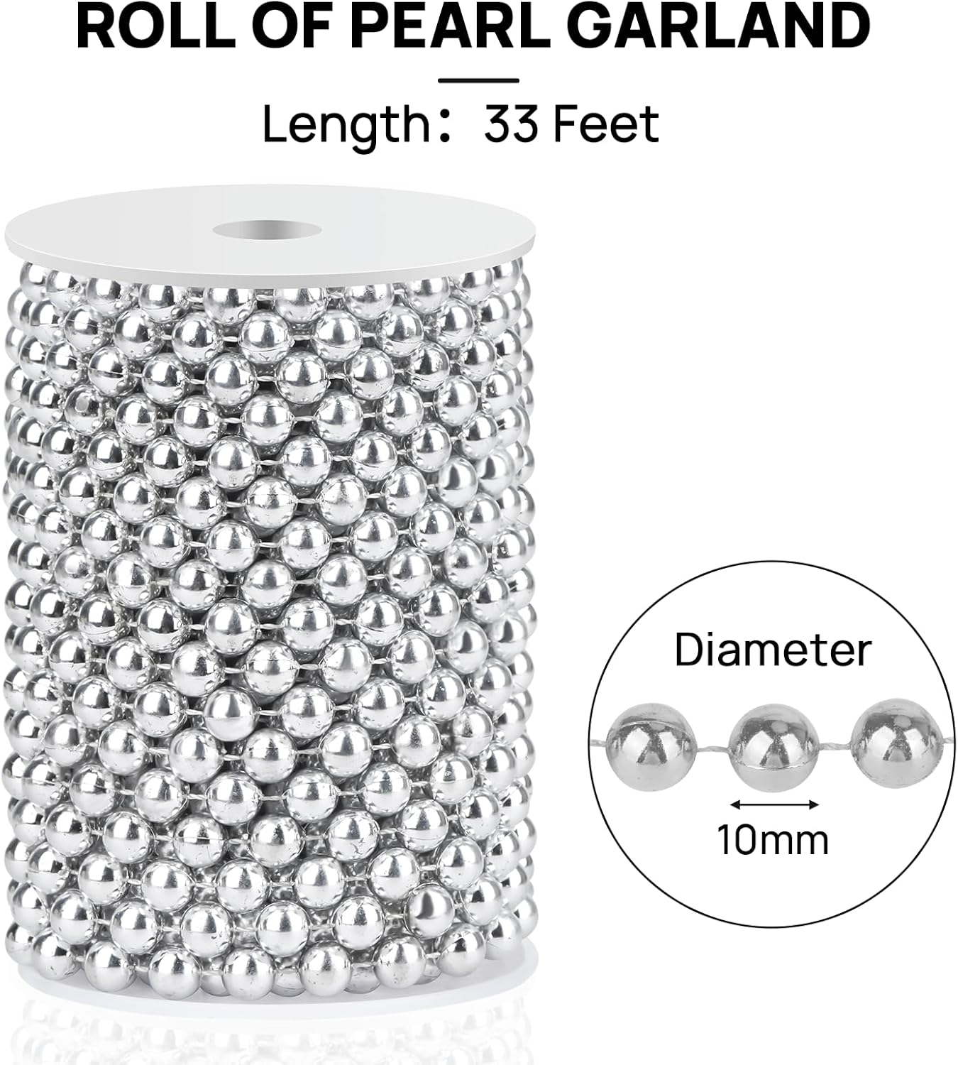 Craft String Pearls 10MM Pearl Bead, 33 Feet Silver Faux Pearl Garland Spool Roll Strand Wedding Party Decoration, Christmas Tree Decorations