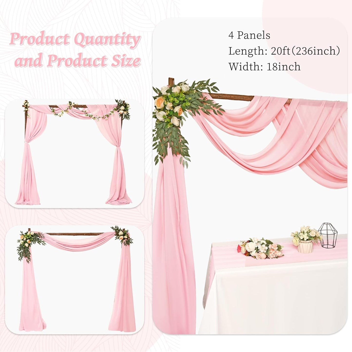 8 Panels Wedding Arch Draping Fabric 28" x 20 Ft Wedding Arch Drapes Chiffon Fabric Drape Sheer Backdrop Curtain for Weddings Party Swag Ceremony Birthday Arbor Drapery Reception Ceiling Décor(Pink)