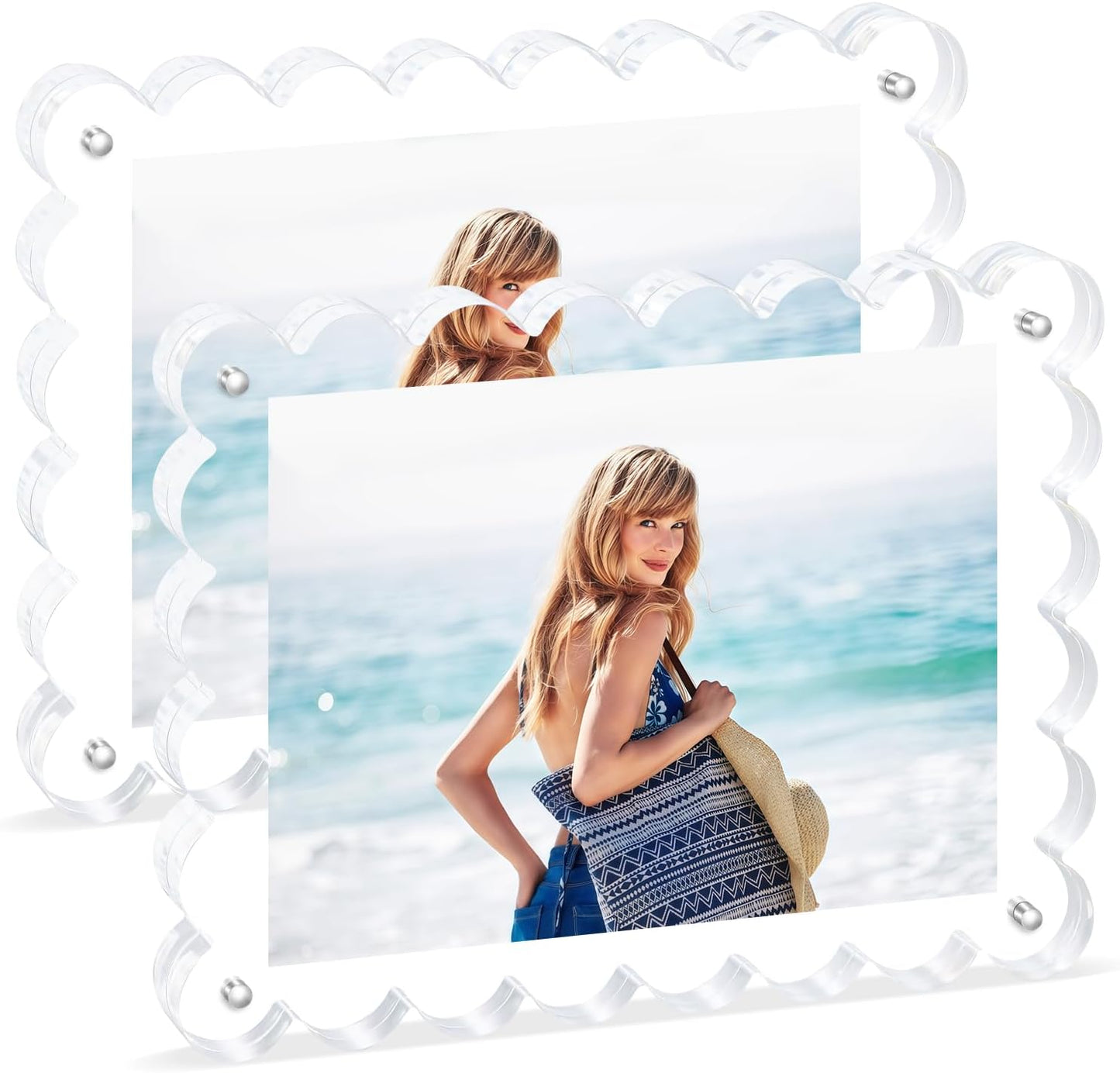 Magnetic Photo Frame 6×8Inch - 2Pack Acrylic Scalloped Glass Frames, 12+12mm Thick Double-Sided Design.Clear Picture Frame with Thick Block | Trendy Home Gift Set (2 Pack, 6×8)