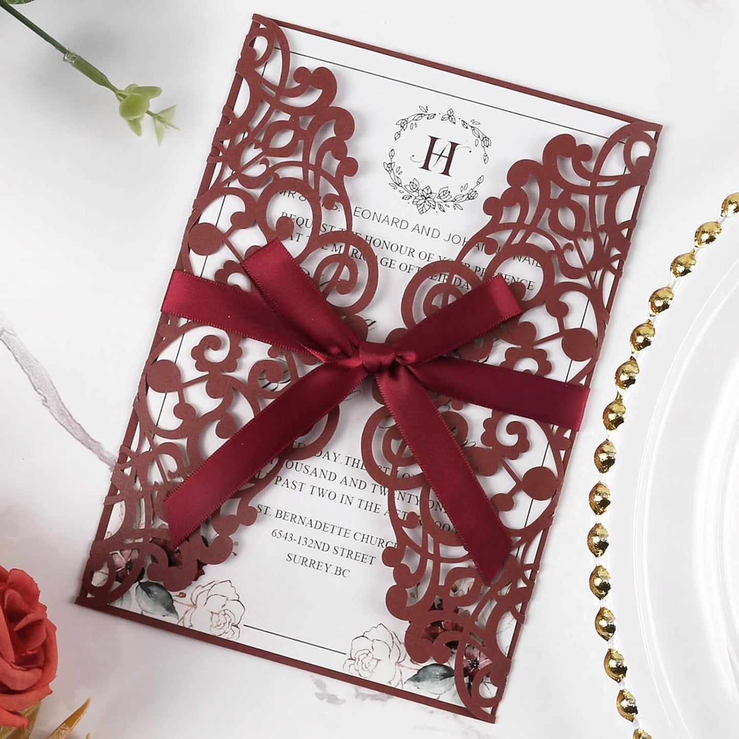 50pcs Burgundy Wedding Invitation Cards Pocket with Envelope Blank Inner Sheets Ribbons laser Cut invitations for Wedding Bridal Shower QuinceañEra Engagement Birthday Invites