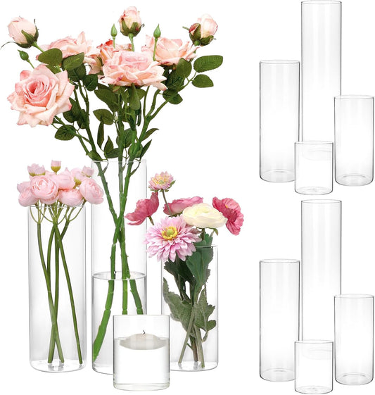 CEWOR 12pcs Glass Cylinder Vase 4, 6.8, 9, 11.8 Inch Glass Candle Holder Clear Vases for Centerpieces Tall Flower Vase for Wedding Home Decor Party 4 Different Sizes