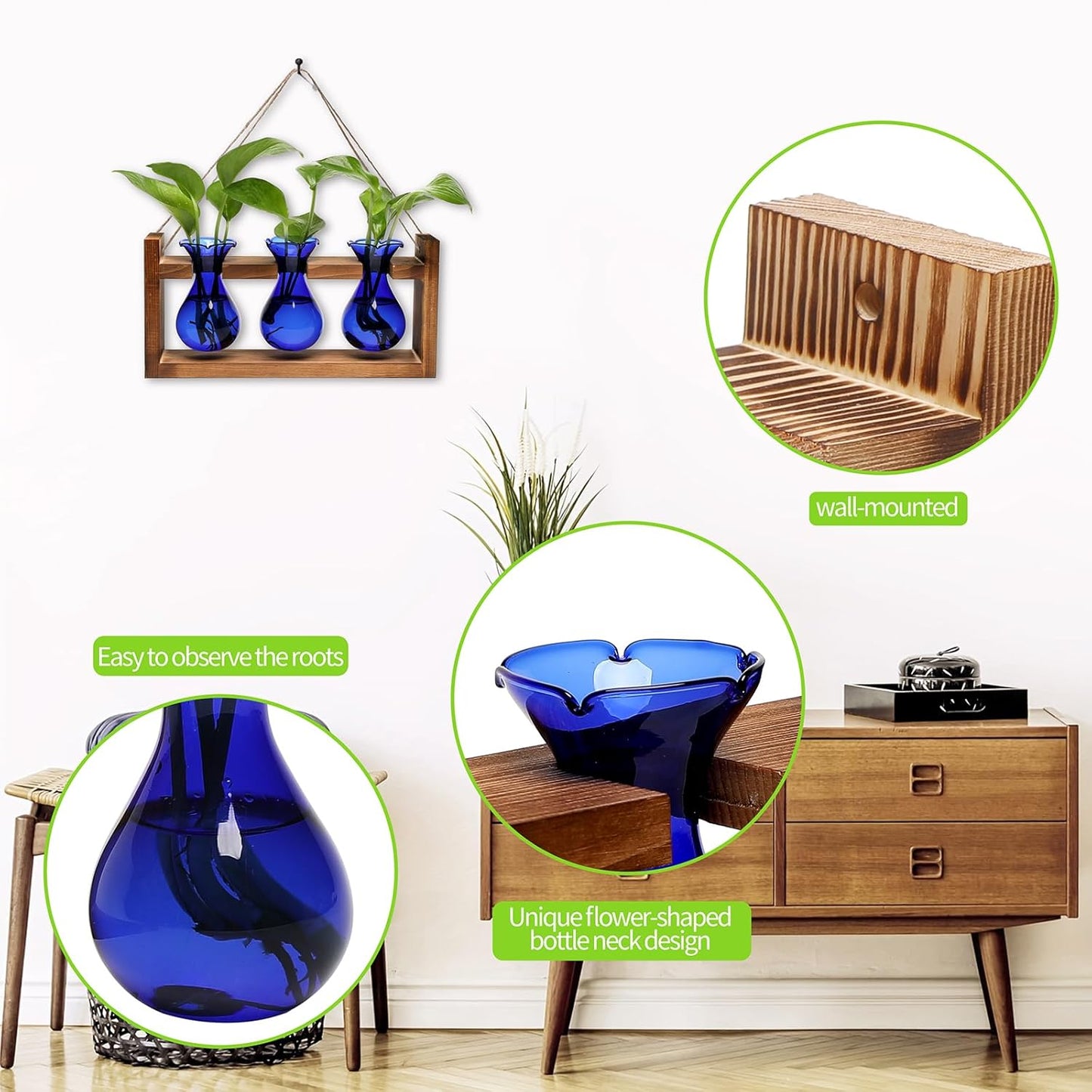 Plant Propagation Station Plant Terrarium Unique Birthday Gifts for Women Home Office Decor Planter with Wooden Stand - 3 Bulb Glass Vase