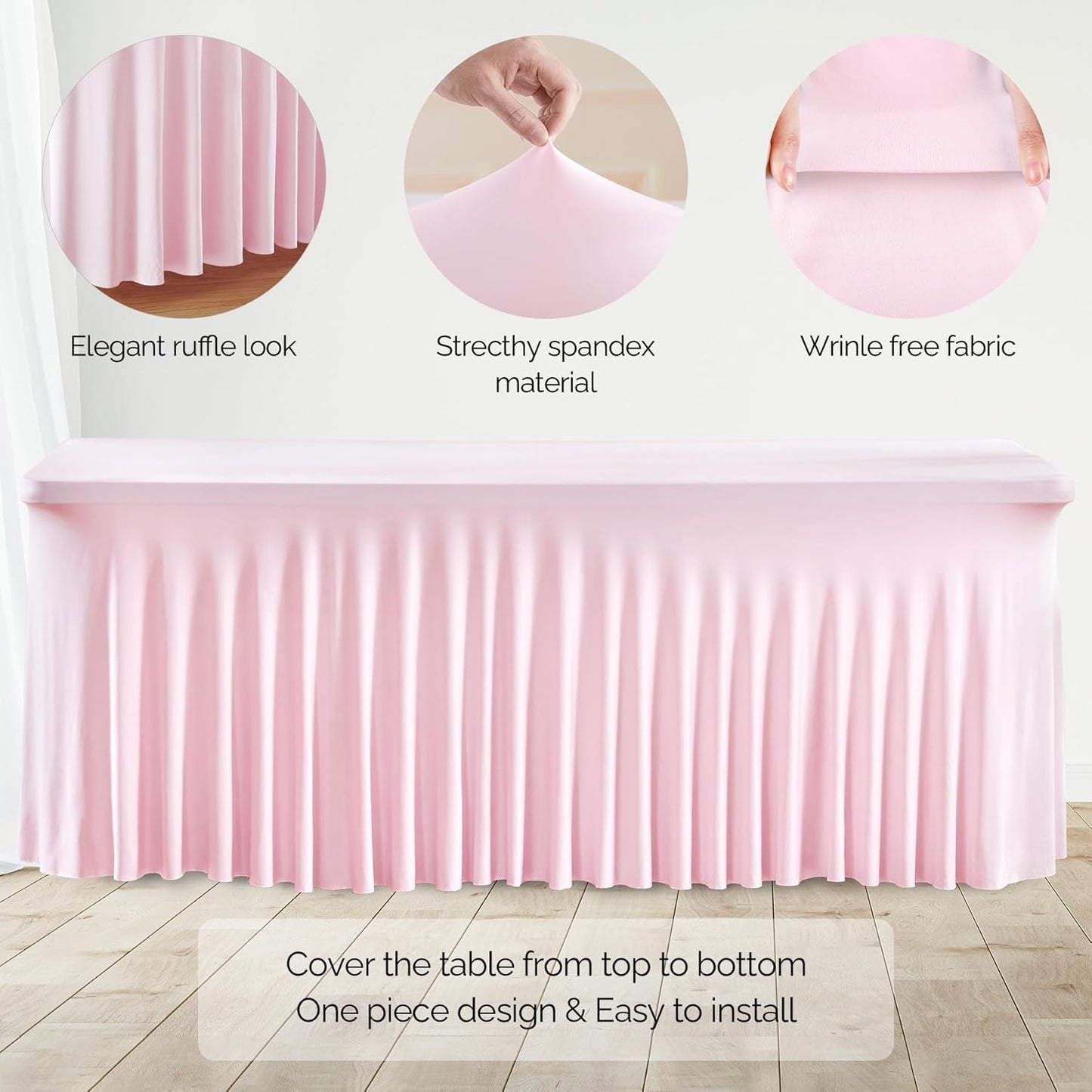 Wish Care 2 Pack Pink Spandex Table Clothes for 4 Foot Rectangle Tables, 4FT Wrinkle Free Fitted Tablecloths Ruffles Design Table Cover for Party, Banquet, Wedding and Events