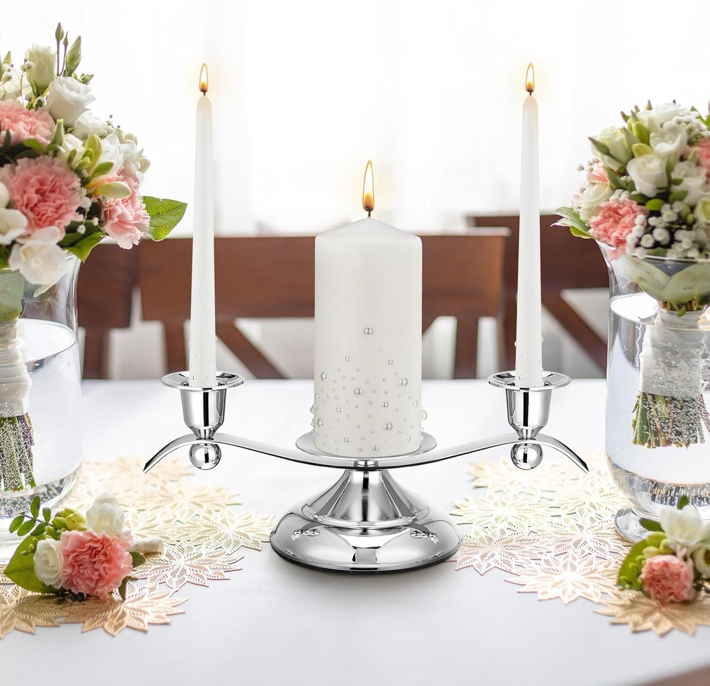 Irenare Unity Candles with Holder for Wedding Ceremony Wedding Decortions Accessories Glass Candle Holder Pillar Candle for Formal Events Church(Pearl)